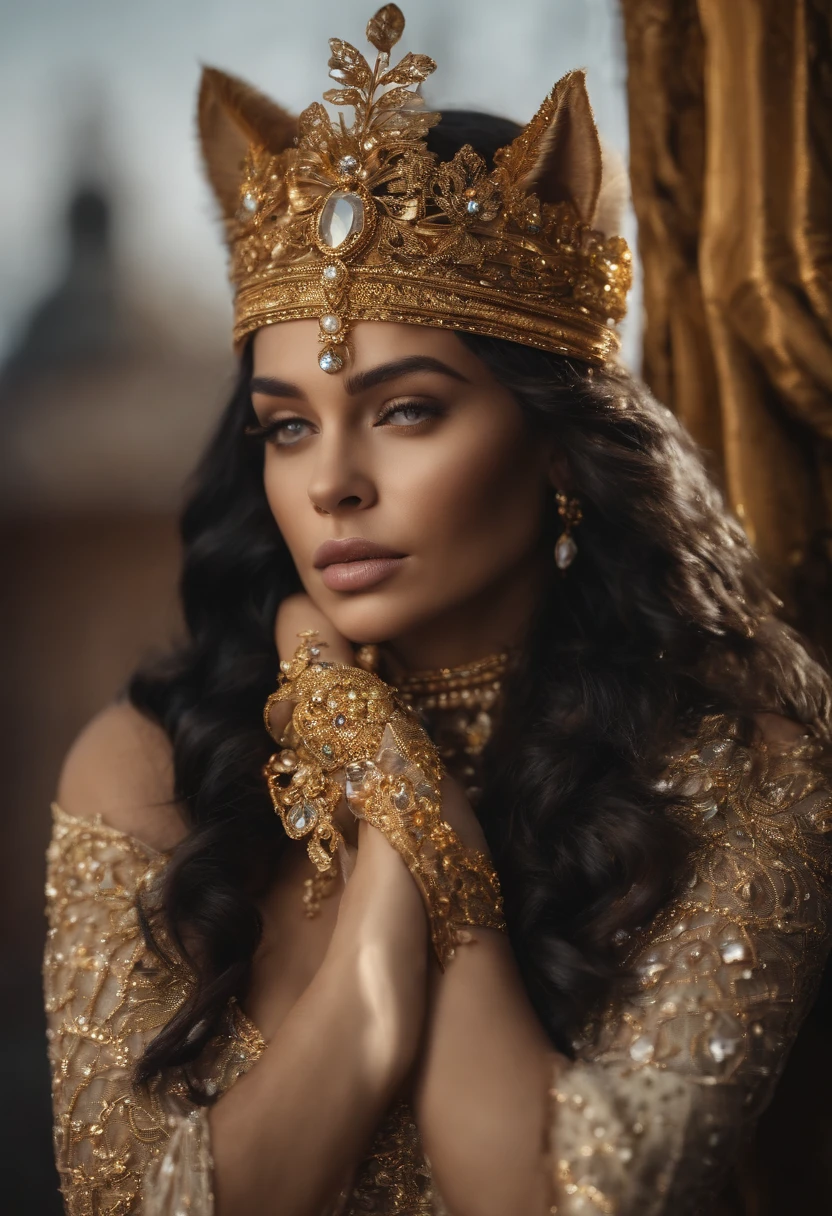 Uma Leoa com corpo humano, muito linda, usando um manto de seda branco , tiara de ouro e joias, olhar felino, super realista, ao fundo arquiteturas grega