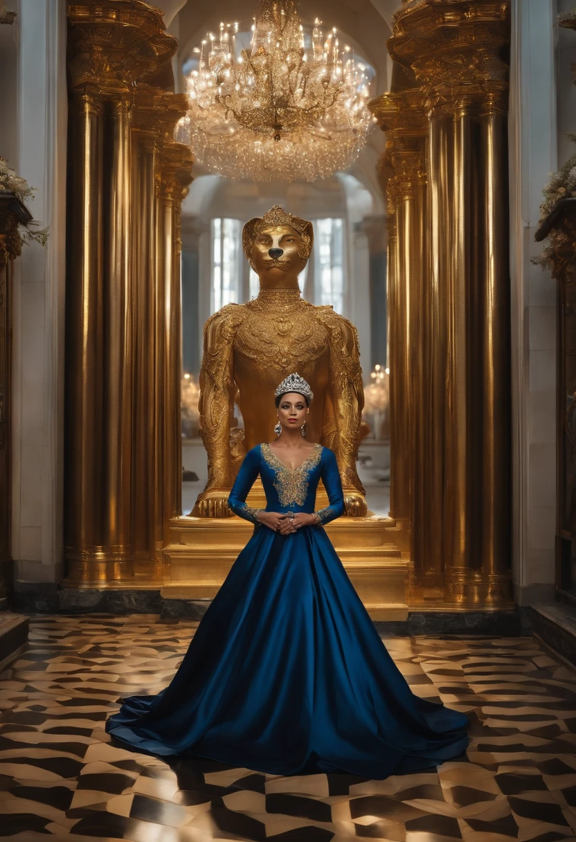 Uma Leoa com corpo humano, muito linda, usando um manto de seda branco , tiara de ouro e joias, olhar felino, super realista, ao fundo arquiteturas grega