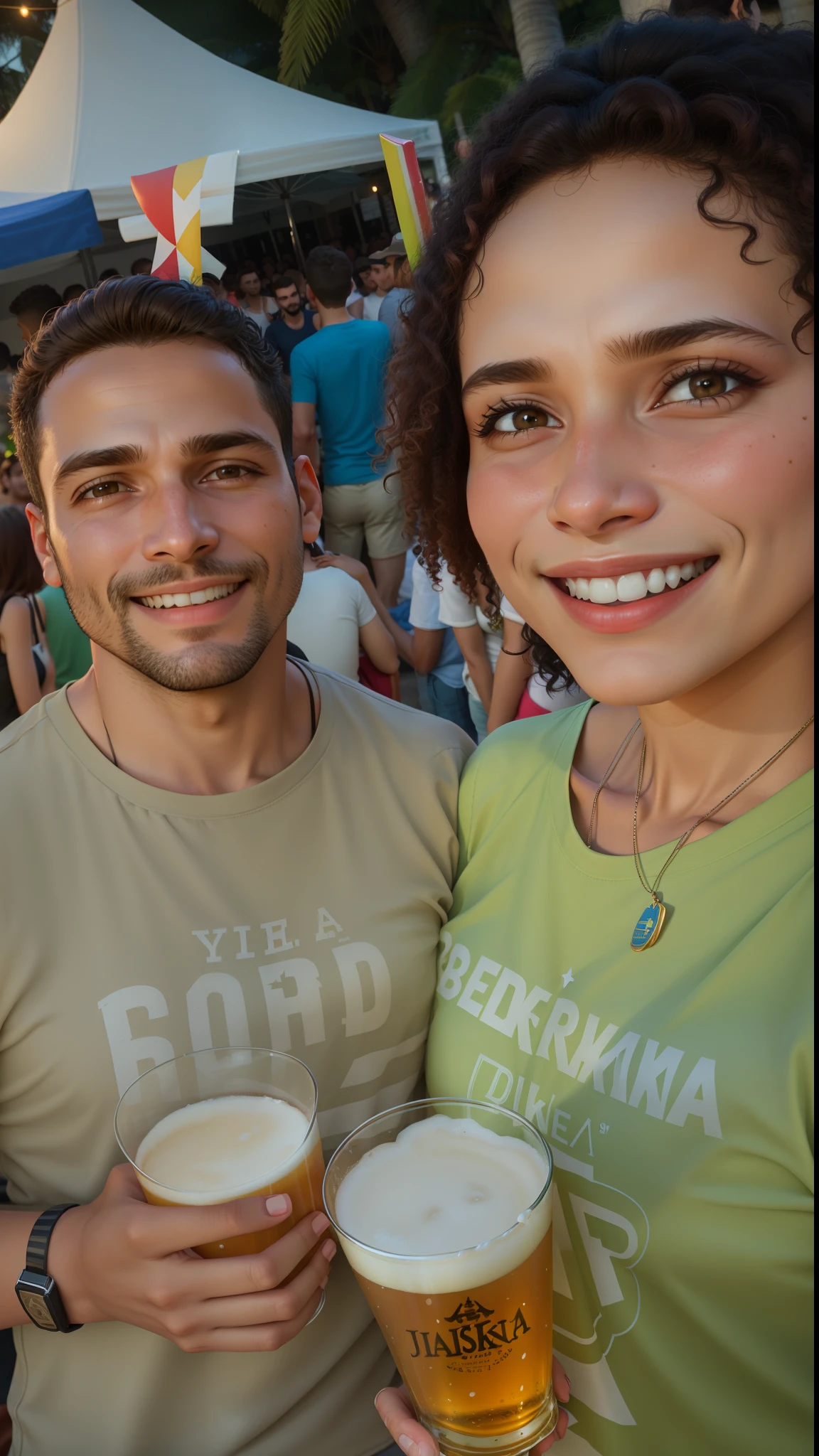 Smiling couple holding glasses of beer in outdoor event with crowd, 3 5 year brazilian mother, Malika Favre, Thomas Anthony e Malika Favre, belos arredores, Directed by: Nandor Soldier, Mulher de 30 anos de Cuba, Tyler Edlin e Natasha Tan, Directed by: Emerson Silva, Directed by: Samuel Silva, inspirado em Samuel Silva