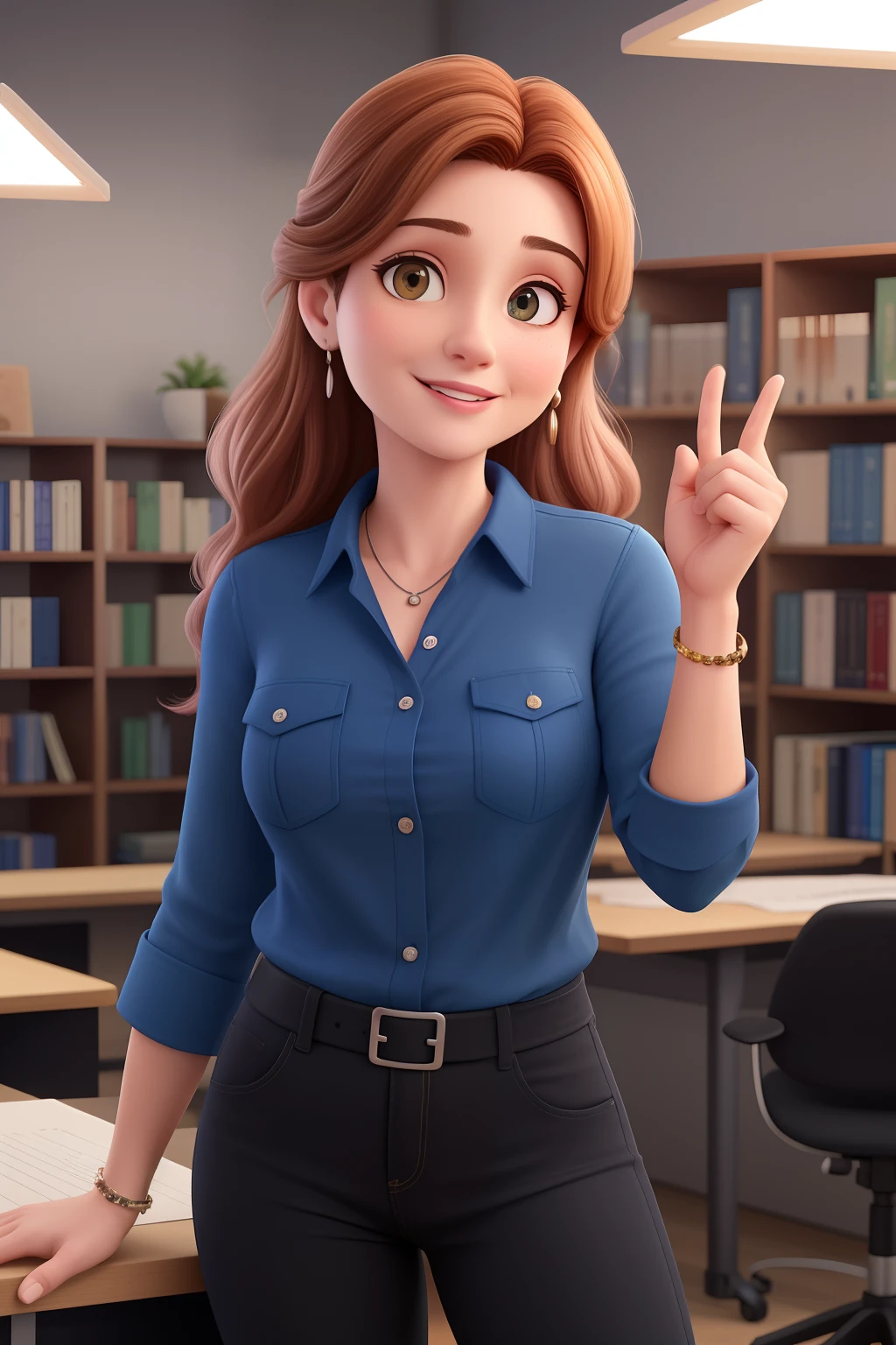 Uma mulher de 45 anos, com longos cabelos castanhos claros, Rosto redondo, sorriso encantador, e olhos castanhos, na biblioteca, studio lighting, sign language interpreter and sign language teacher. She's wearing blue clothes, blouse and black jeans