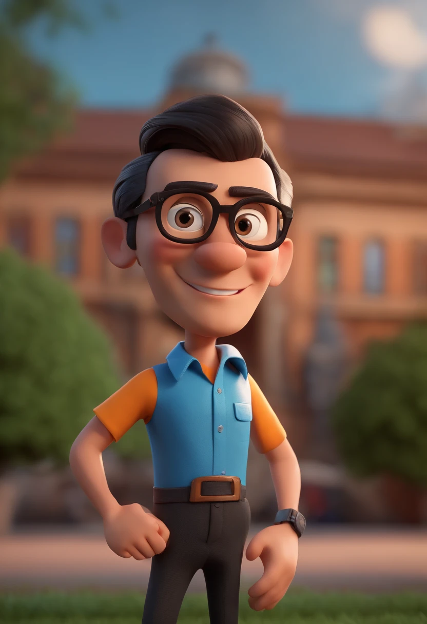 Cartoon character of a man with black glasses and a blue shirt, animation character, Caractere estilizado, animation style rendering, 3D estilizado, Arnold Maya render, 3 d render stylized, toon render keyshot, Personagem 3D, Personagem 3D, 3d rendering stylized, 3 d character render, personagem de desenho animado, Personagem de close up, Pose de personagem, (Estilo Pixar) (master part:1.2) (Bokeh) (best quality) (pele detalhada) (textura detalhada) (8k) (argila) (Cinematic lighting) (foco nítido
