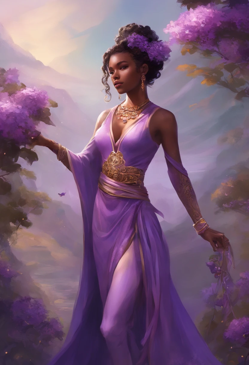 1boy, male focus, solo, brown and dark skin, (dark-skinned male), purple eyes, wavy purple hair with side stripes gathered at the back, darker highlights, mark of a point on the head, transparent lilac mesh veil covering the lower part of the face, thick and white eyelashes, lilac flower decorations for hair, shirtless, bare arms, bare pectorals, navel, muscles, nipples, purple tattoos on the left arm, creative purple flower tattoo, purple bracelets on the left arm, gold necklaces and earrings, wide and notable transparent purple pants, (transparent wide purple pants), (legs see through pants), barefoot, purple cape with lilac flower decoration, unique decorative belt, cautious and mysterious style, serious and expressionless look, vibrant colors, lilac flower, moonlit night sky
