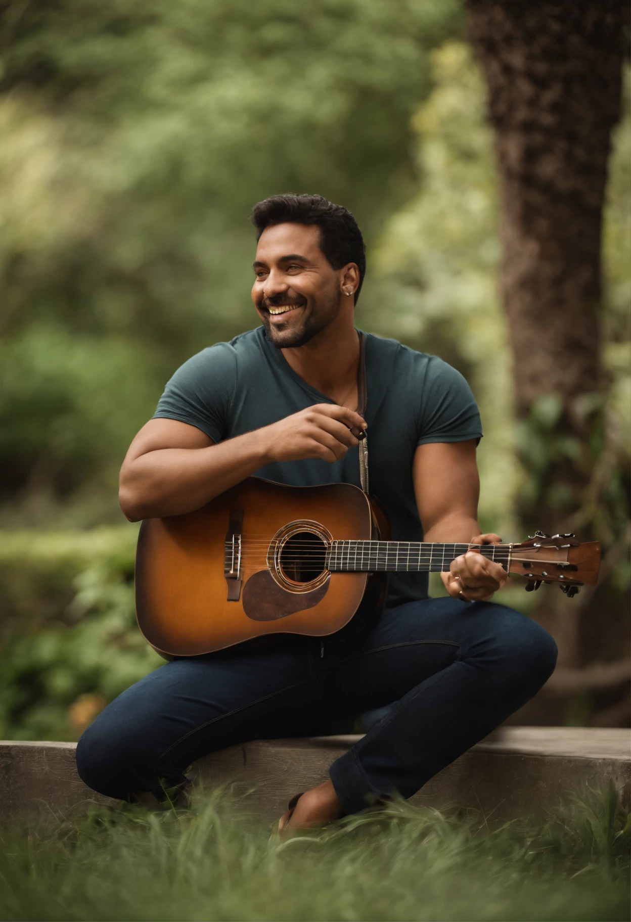 crie um banner no estilo Pixar. Um homem, moreno negro com cabelos curtos, escuros, Appearance: 38 years old, usando uma camiseta, Wearing jeans and holding a classical guitar with 6 strings. Singing into a microphone and a catholic church with several people listening in the pews