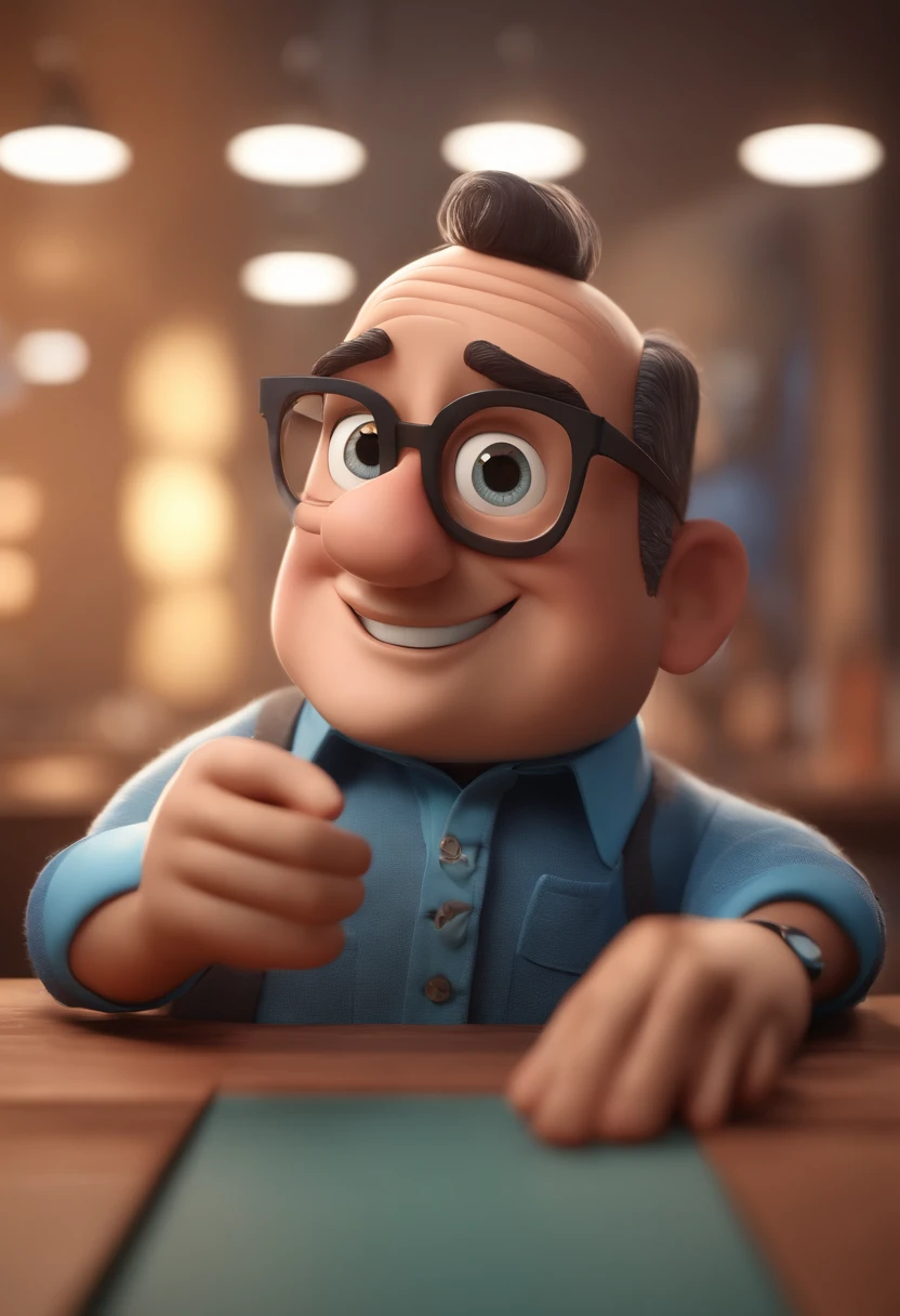 Cartoon character of a man with black glasses and a blue shirt, animation character, Caractere estilizado, animation style rendering, 3D estilizado, Arnold Maya render, 3 d render stylized, toon render keyshot, Personagem 3D, Personagem 3D, 3d rendering stylized, 3 d character render, personagem de desenho animado, Personagem de close up, Pose de personagem, (Estilo Pixar) (master part:1.2) (Bokeh) (best quality) (pele detalhada) (textura detalhada) (8k) (argila) (Cinematic lighting) (foco nítido