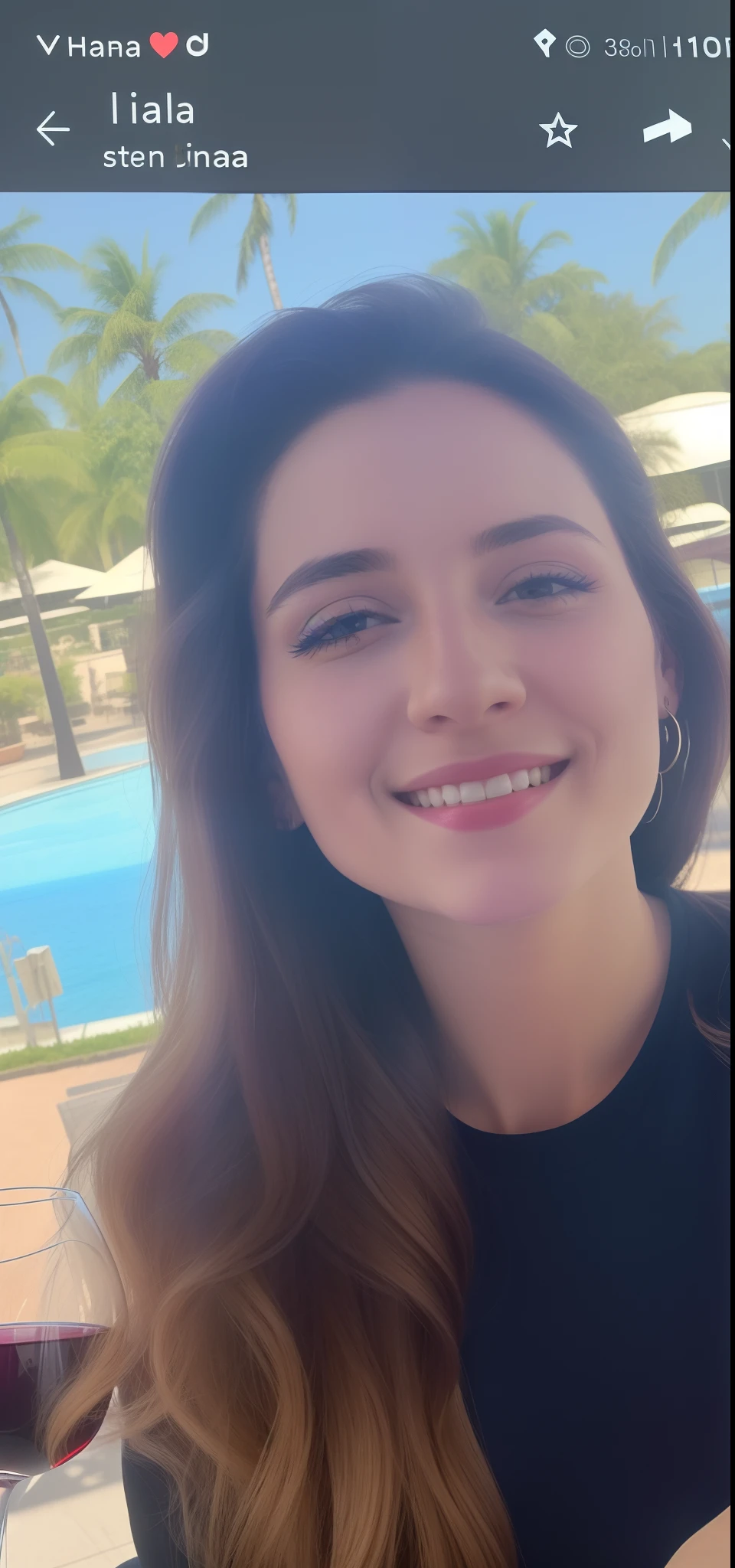 Smiling woman with long hair and black shirt holding a glass of wine, 3 0 anos de idade mulher, Mulher de 30 anos, 3 2 anos, 2 5 I, 2 8 anos, Directed by: Nandor Soldier, 2 9 anos, taken in the early 2020s, imagem de perfil, foto de perfil headshot, 2 7 anos