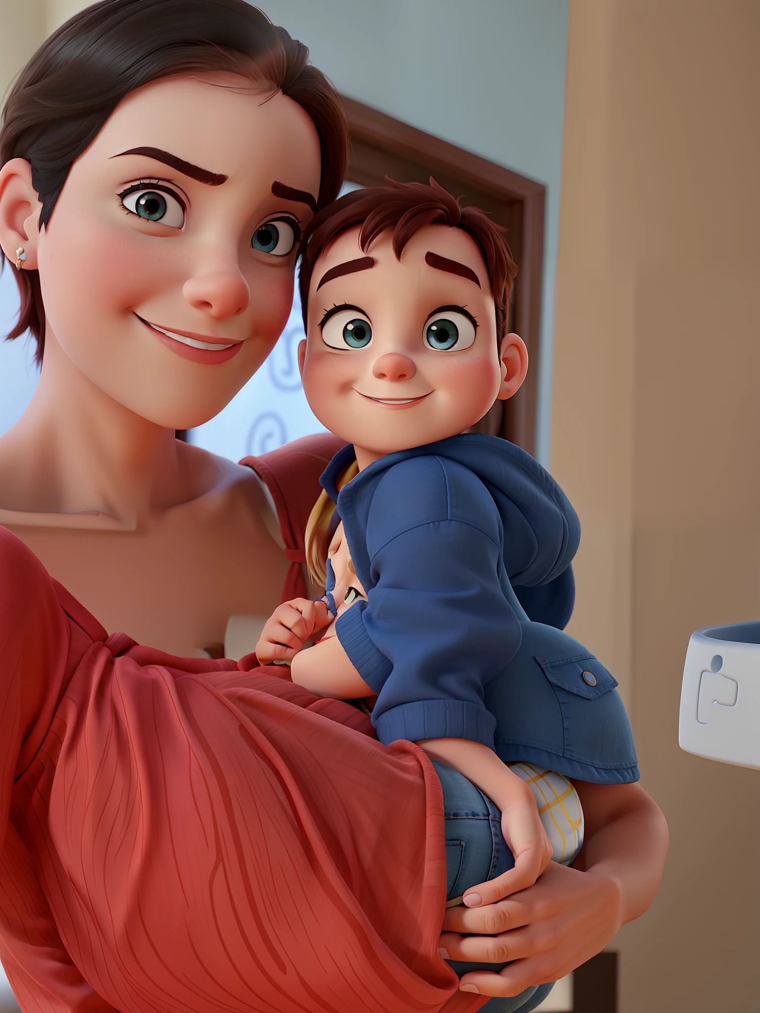 A mother and her baby boy on her lap, estilo pixar, disney,  melhor qualidade
