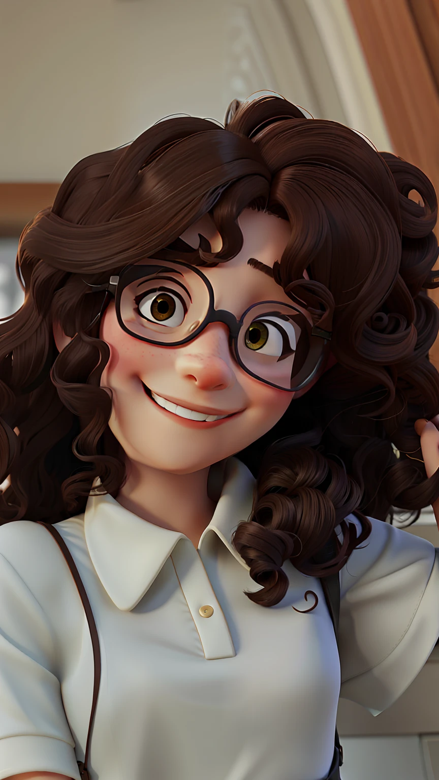 Brunette woman with glasses curly hair smiling