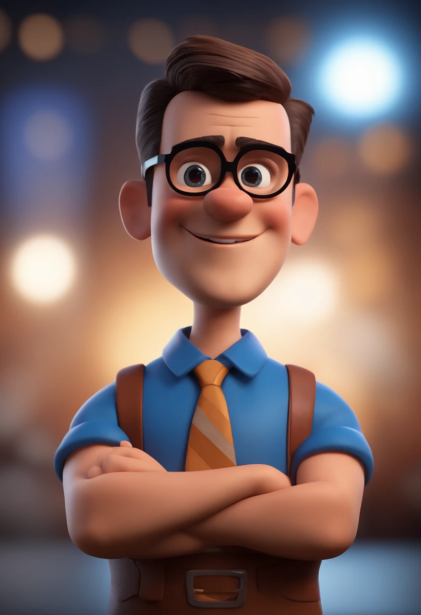 Cartoon character of a man with black glasses and a blue shirt, animation character, Caractere estilizado, animation style rendering, 3D estilizado, Arnold Maya render, 3 d render stylized, toon render keyshot, Personagem 3D, Personagem 3D, 3d rendering stylized, 3 d character render, personagem de desenho animado, Personagem de close up, Pose de personagem, (Estilo Pixar) (master part:1.2) (Bokeh) (best quality) (pele detalhada) (textura detalhada) (8k) (argila) (Cinematic lighting) (foco nítido