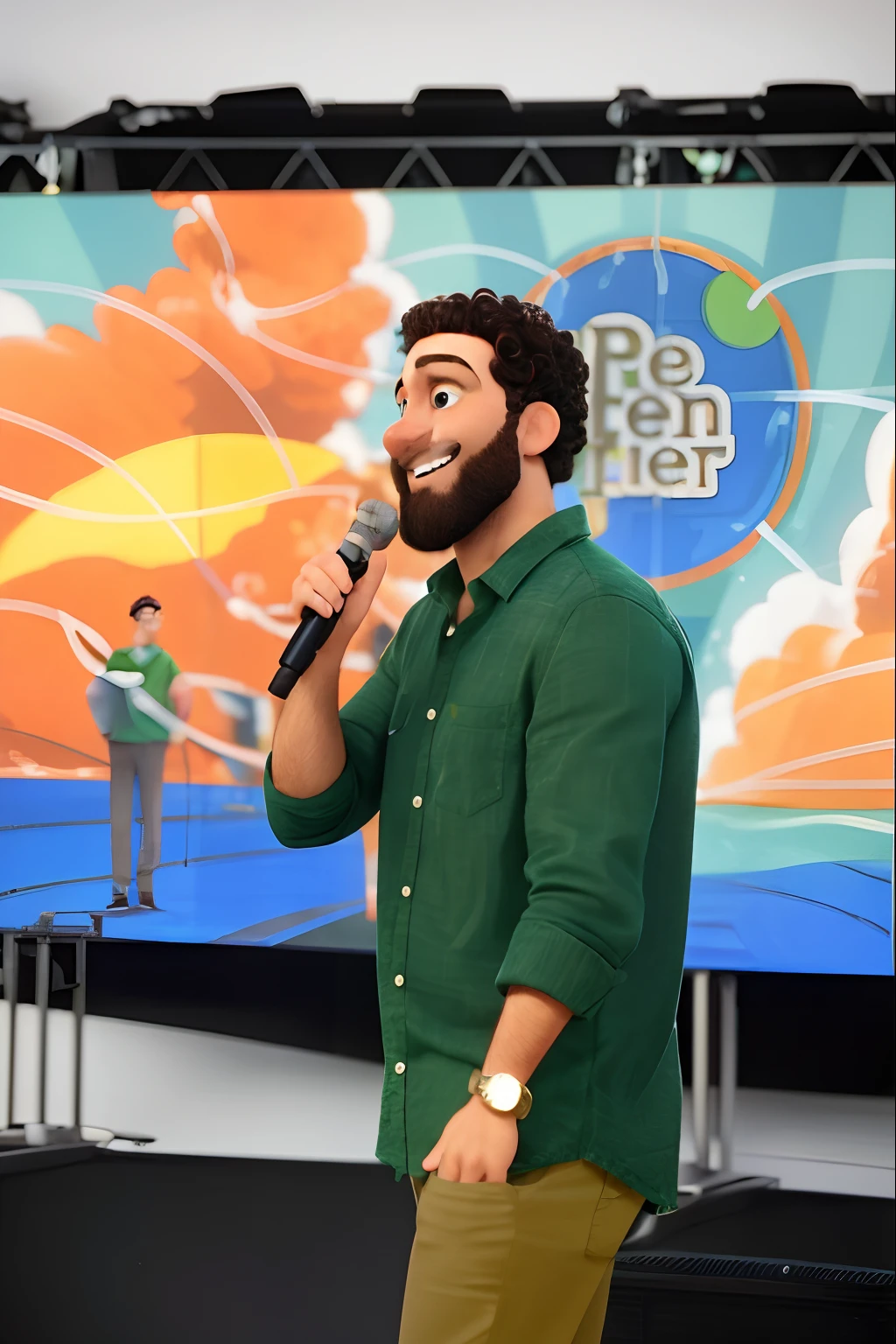Homem, inspirado na Disney Pixar, A curly-haired man holding a microphone smiling and speaking to the audience. Wearing a green button-down shirt and brown pants.