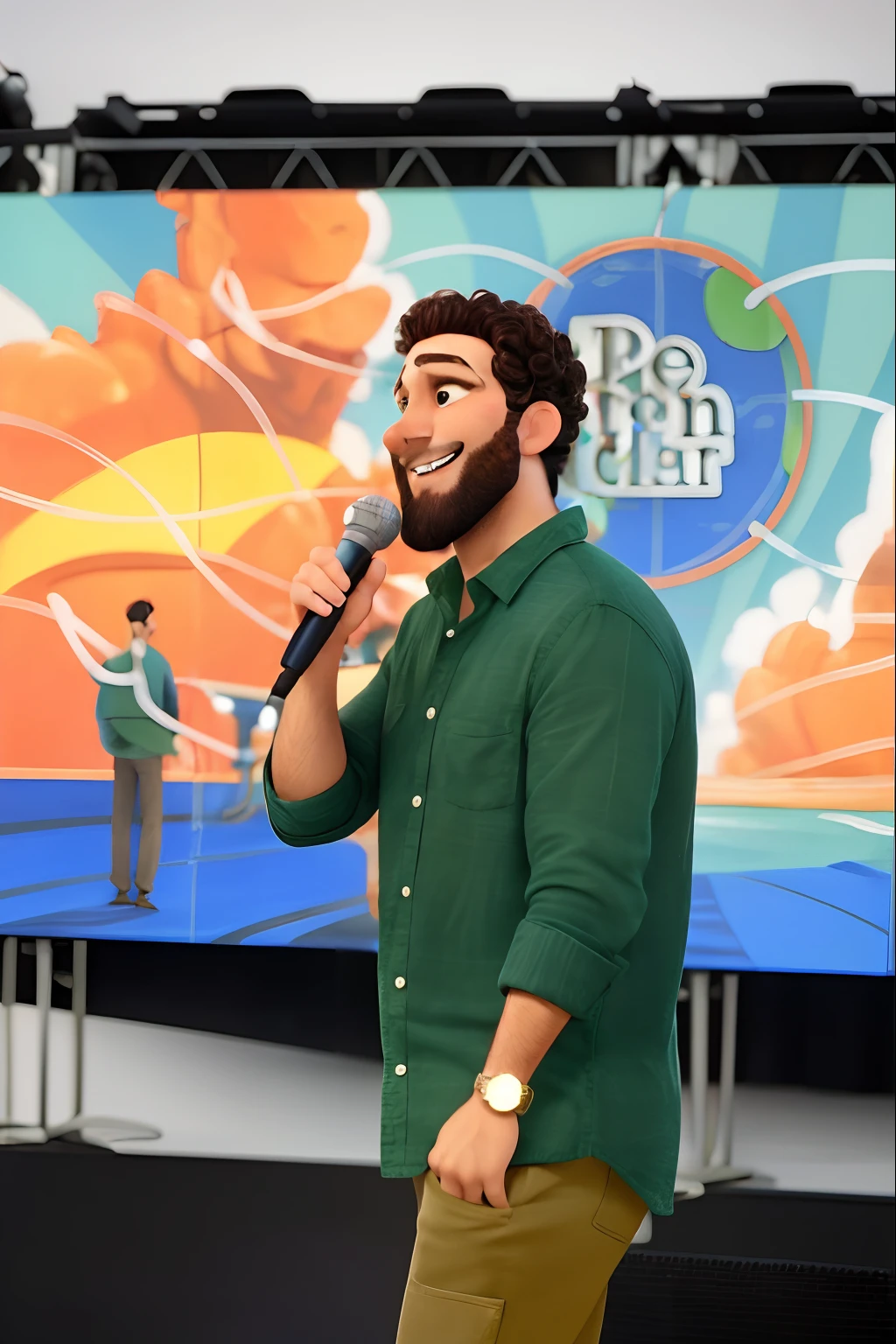 Homem, inspirado na Disney Pixar, A curly-haired man holding a microphone smiling and speaking to the audience. Wearing a green button-down shirt and brown pants.