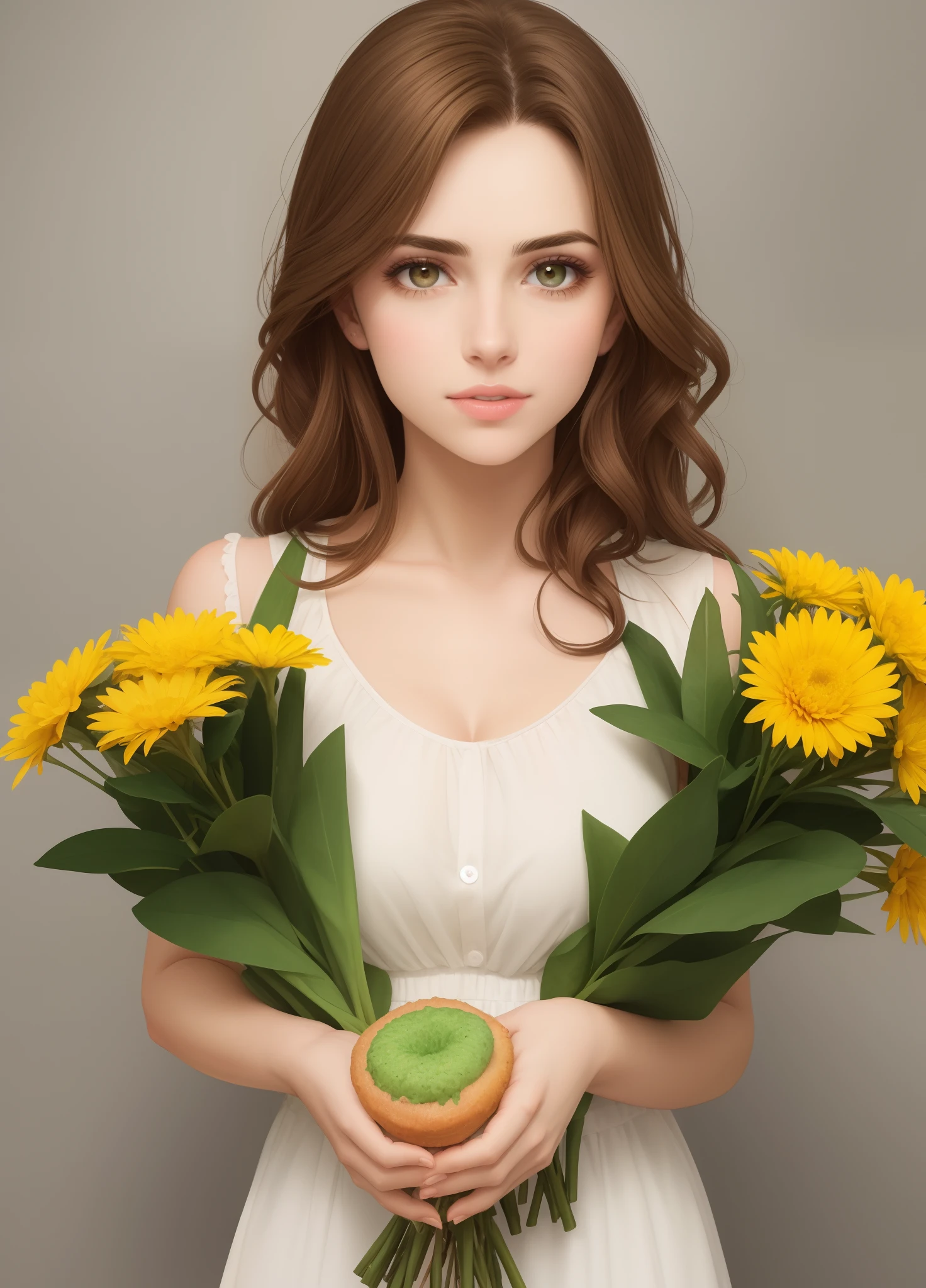 Crie uma imagem de uma mulher de 23 anos, with characteristic brown hair, rosto arredondado, cor dos olhos castanho,Symmetrical eyebrow, height of one meter and 1.70 cm, Holding a bouquet of coxinha.