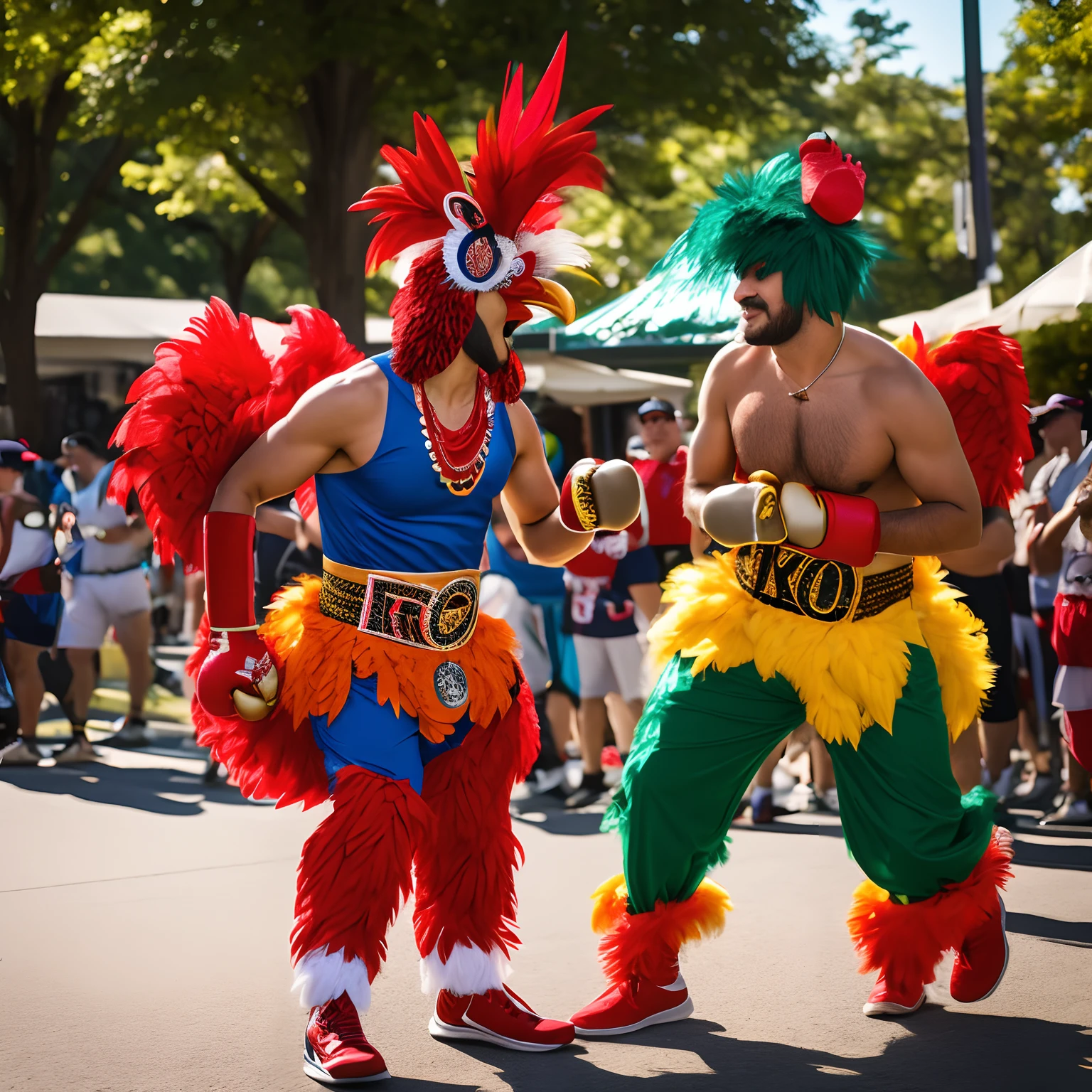 People dressed with rooster costumes boxing