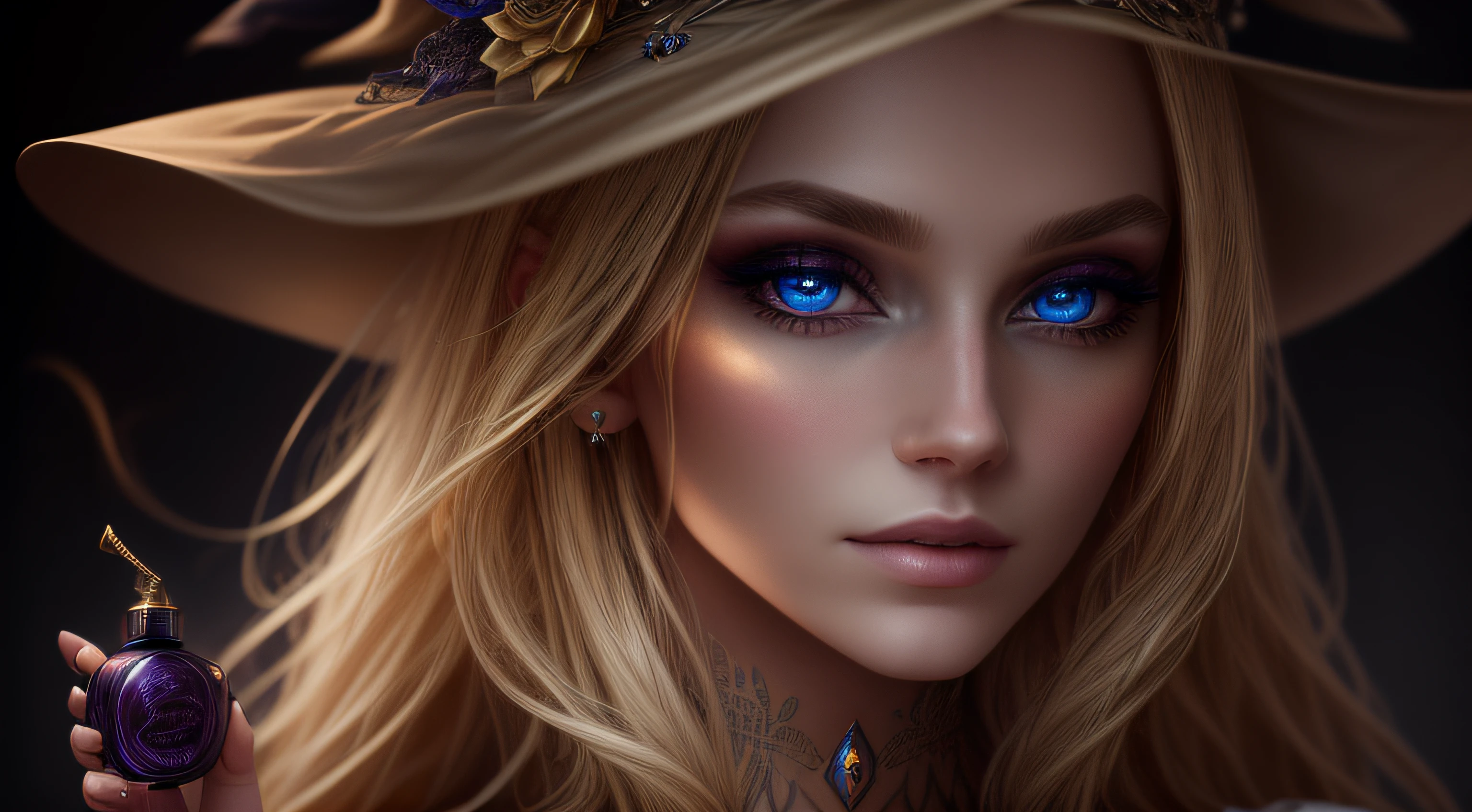 A portrait of a beautiful, blonde witch, holding a perfume, with piercing eyes, detailed face, high details, photography, dark studio, rim light, Nikon D850, 50mm, f/1.4