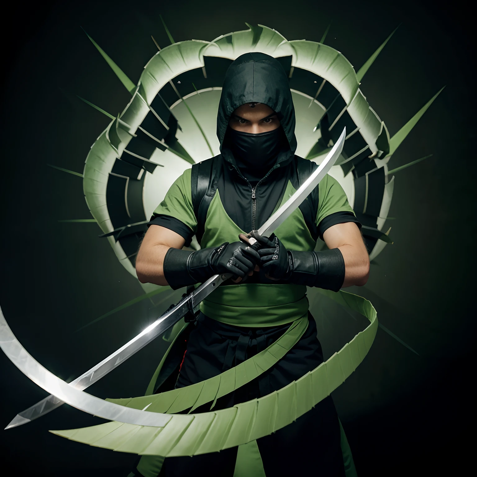 Ninja de uniforme verde, holding a sword in each hand, Rotating forming tornadoes of blades