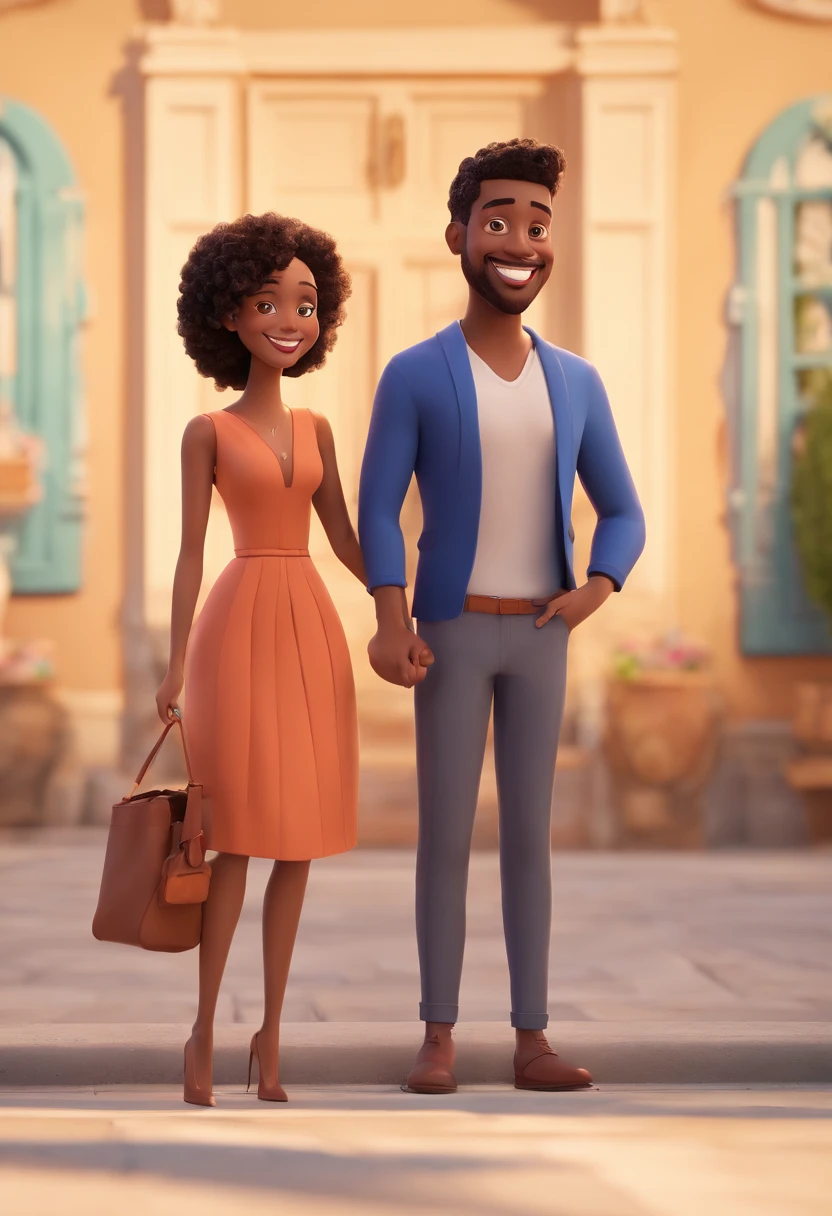 An illustration of an adorable couple, Highlight for a chubby mulatto man with glasses smiling and a brunette woman with beautiful expressive eyes - the man's skin is mulatto and the man's hair haswhile the woman's skin is black and the woman's hair is straight and brown. They are a bright room, cada um com um sorriso no rosto, e compartilhar um momento especial caracterizado pelo amor, Insights. Illustrate this scene from a perspective where they are facing the camera, Smiling and Showing Your Connection. Desenvolva esta arte em Full HD, Focus on your cinematic touch, Estilo Disney Pixar Animations