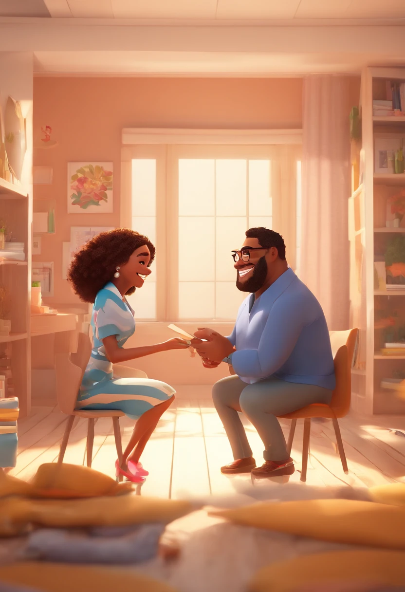 An illustration of an adorable couple, Highlight for a chubby mulatto man with glasses smiling and a brunette woman with beautiful expressive eyes - the man's skin is mulatto and the man's hair haswhile the woman's skin is black and the woman's hair is straight and brown. They are a bright room, cada um com um sorriso no rosto, e compartilhar um momento especial caracterizado pelo amor, Insights. Illustrate this scene from a perspective where they are facing the camera, Smiling and Showing Your Connection. Desenvolva esta arte em Full HD, Focus on your cinematic touch, Estilo Disney Pixar Animations