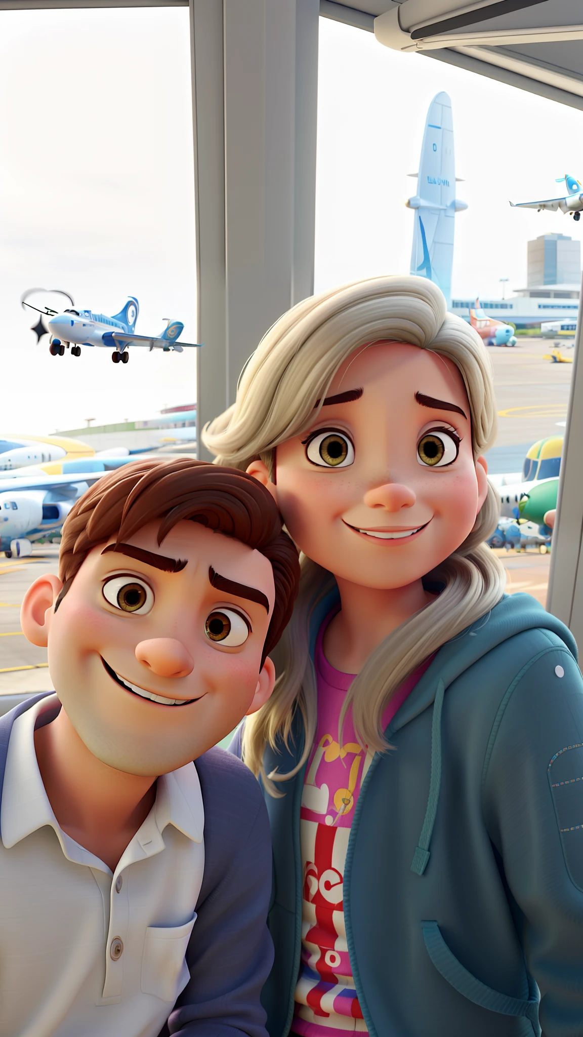 create a 3D movie poster inspired by Disney Pixar, Loira brasileira segurando um de 5 anos, com cabelos castanhos, At the airport with planes in the background