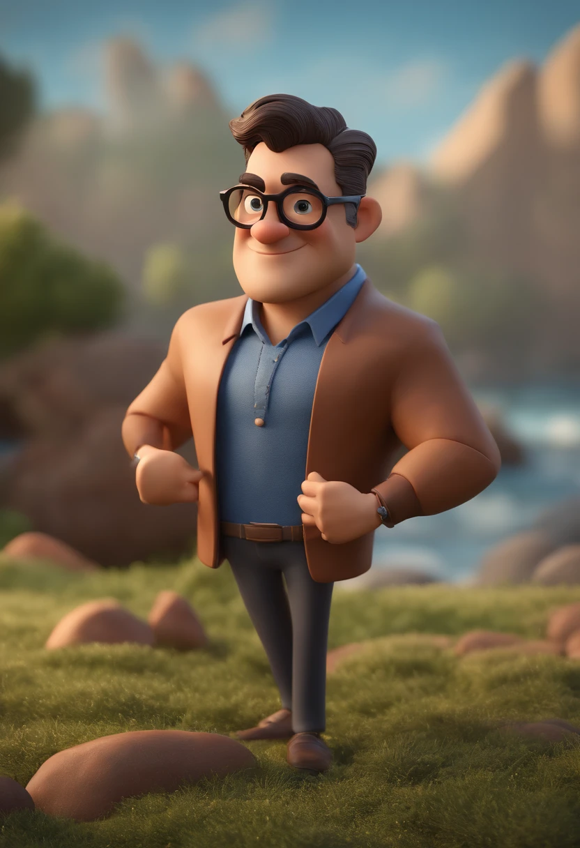 Cartoon character of a man with black glasses, cabelo cacheado marrom escuro e uma camisa azul, animation character, Caractere estilizado, animation style rendering, 3D estilizado, Arnold Maya render, 3 d render stylized, toon render keyshot, Personagem 3D, Personagem 3D, 3d rendering stylized, 3 d character render, personagem de desenho animado, Personagem de close up, Pose de personagem, (Estilo Pixar) (master part:1.2) (Bokeh) (best quality) (pele detalhada) (textura detalhada) (8k) (argila) (Cinematic lighting) (foco nítido