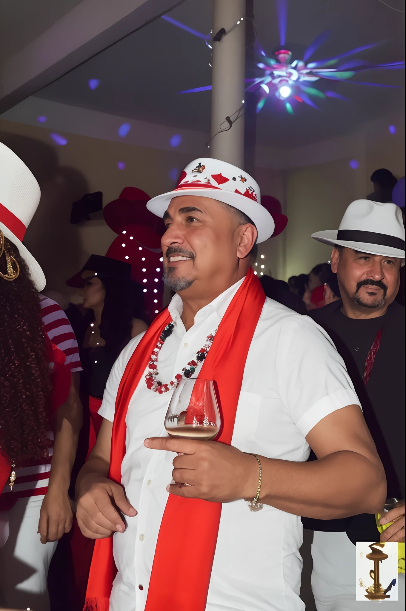 Several people stand in a room with a red and white scarf, taken in the early 2020s, todo mundo se divertindo, imagem de perfil, olhando parcialmente para a esquerda, Line dancing at a party, foto do perfil, na festa, lots of revelers, ter uma festa legal, candid shot, revellers, he has a red hat, José Moncada