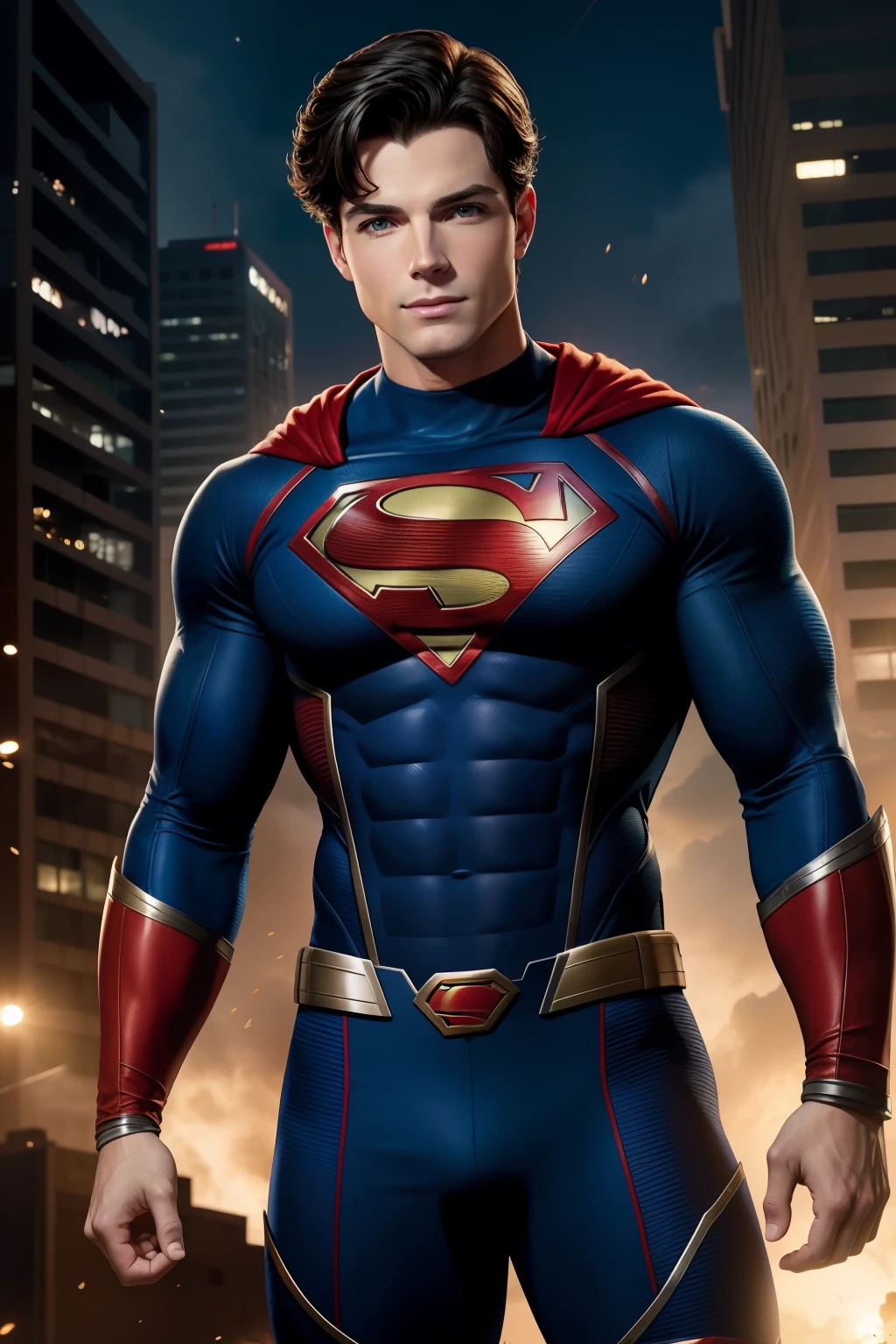 John Newton,usando o uniforme do Superboy,sobrevoando a cidade de Smallville