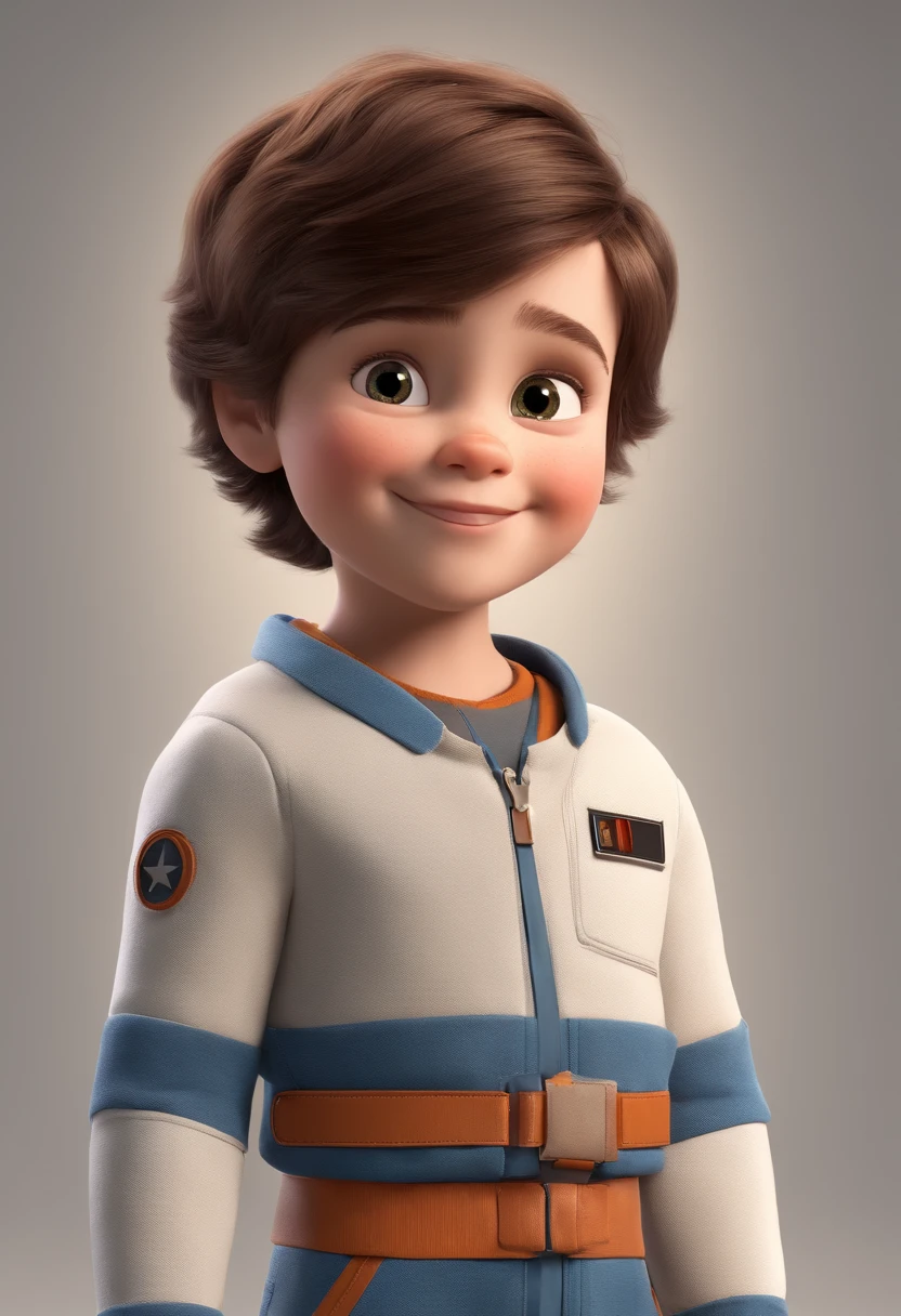a happy cute standing short hair, vestindo uma fantasia espacial, , fundo branco, barnet, Tom, Estilo Pixar, ....3d, desenhos animados, rosto detalhado, asymmetrical 16k