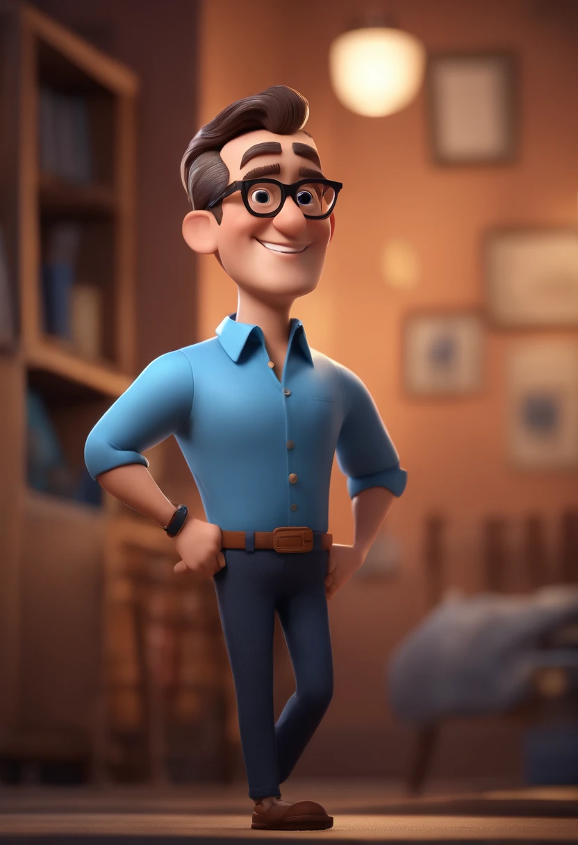 Cartoon character of a man with black glasses and a blue shirt, animation character, Caractere estilizado, animation style rendering, 3D estilizado, Arnold Maya render, 3 d render stylized, toon render keyshot, Personagem 3D, Personagem 3D, 3d rendering stylized, 3 d character render, personagem de desenho animado, Personagem de close up, Pose de personagem,  (Estilo Pixar) (master part:1.2) (Bokeh) (best quality) (pele detalhada) (textura detalhada) (8k) (argila) (Cinematic lighting) (foco nítido