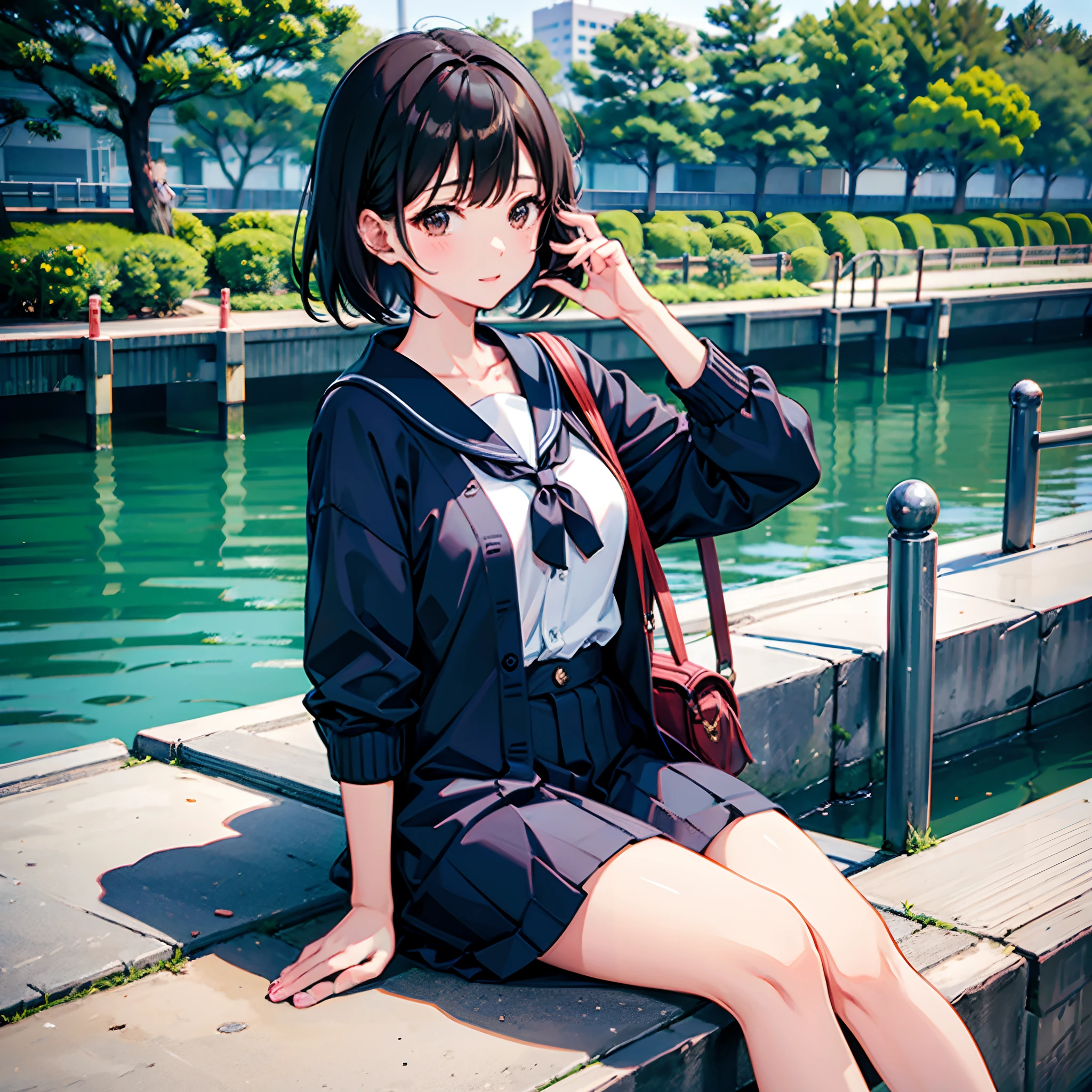 Two Japan women taking photos in a park on the Sumida River in Japan、She was a 27-year-old woman with loose, fluffy short hair and lobbed hair、One is a 31-year-old woman with small breasts and a dark brown lob、The two are having fun、small tits、Small、discreet breasts、street snap、Adult Women's Plain Clothes、a sailor suit、cardigan、Sheer feeling、Beautuful Women、