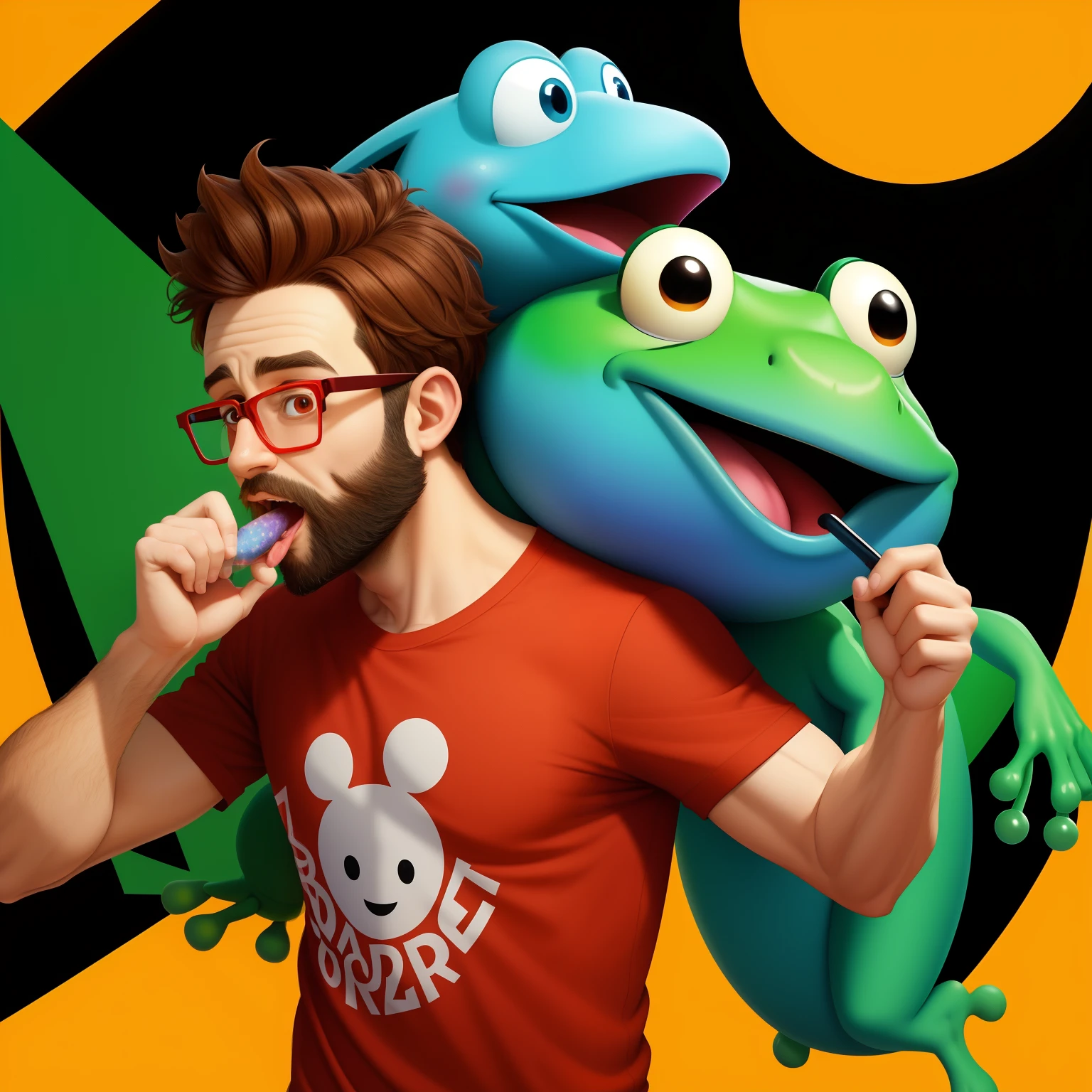 Create an image of a Pixar Disney character being a short guy with a beard and black square glasses with a red T-shirt with a stele print and licking a psychedelic colored frog and with an image background in the Amazon jungle