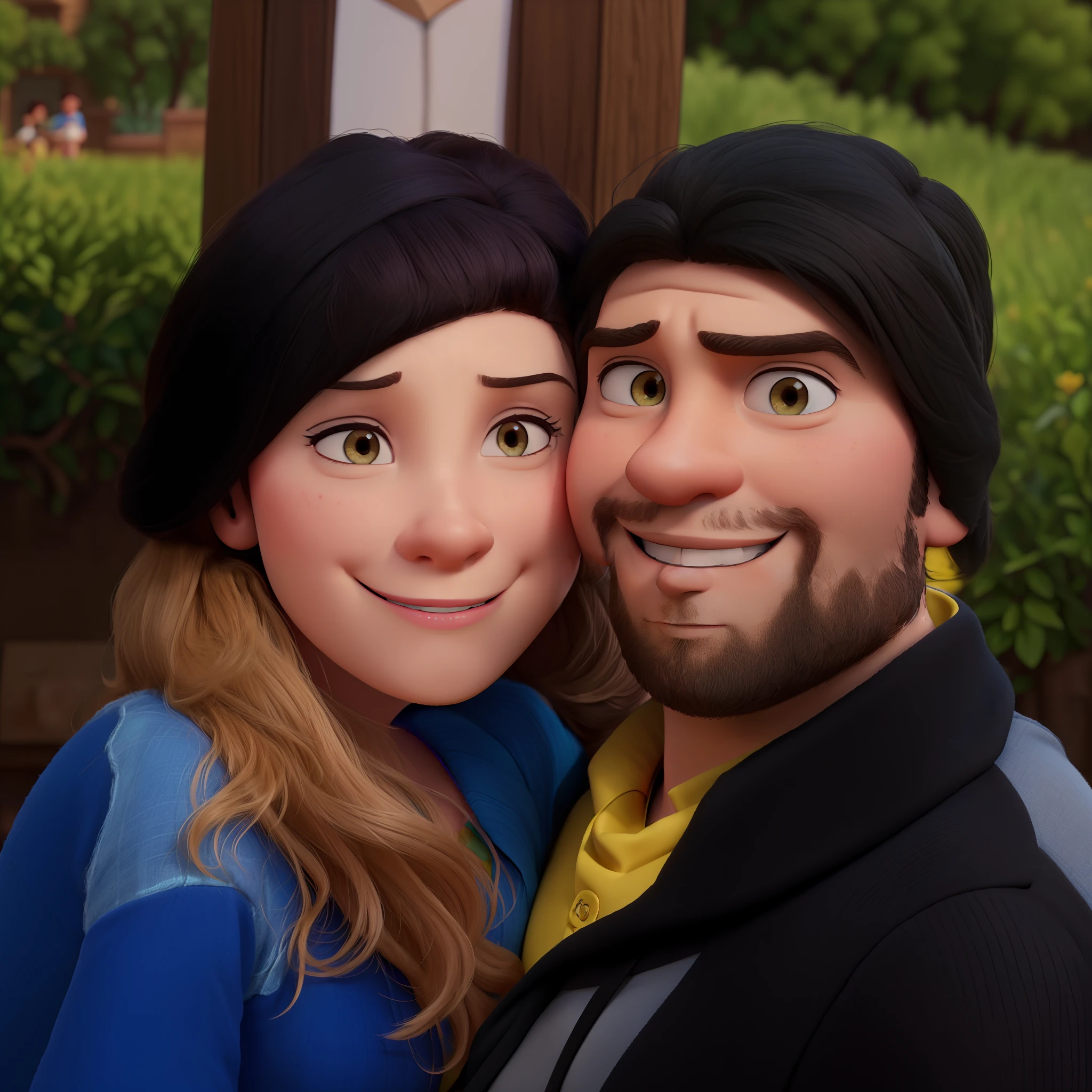 Disney Pixar style poster where there is a man and a woman who are posing for a photo, Directed by: Nandor Soldier, Casal feliz, retrato de casal, retrato de casais, imagem de perfil, imagem do avatar, Retrato de duas pessoas, casal sorridente