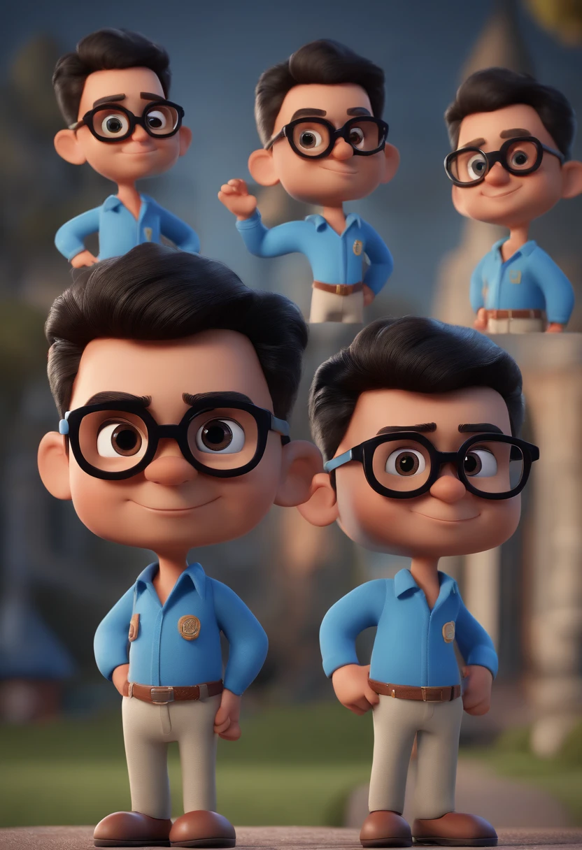 Cartoon character of a man with black glasses and a blue shirt, animation character, Caractere estilizado, animation style rendering, 3D estilizado, Arnold Maya render, 3 d render stylized, toon render keyshot, Personagem 3D, Personagem 3D, 3d rendering stylized, 3 d character render, personagem de desenho animado, Personagem de close up, Pose de personagem,  (Estilo Pixar) (master part:1.2) (Bokeh) (best quality) (pele detalhada) (textura detalhada) (8k) (argila) (Cinematic lighting) (foco nítido