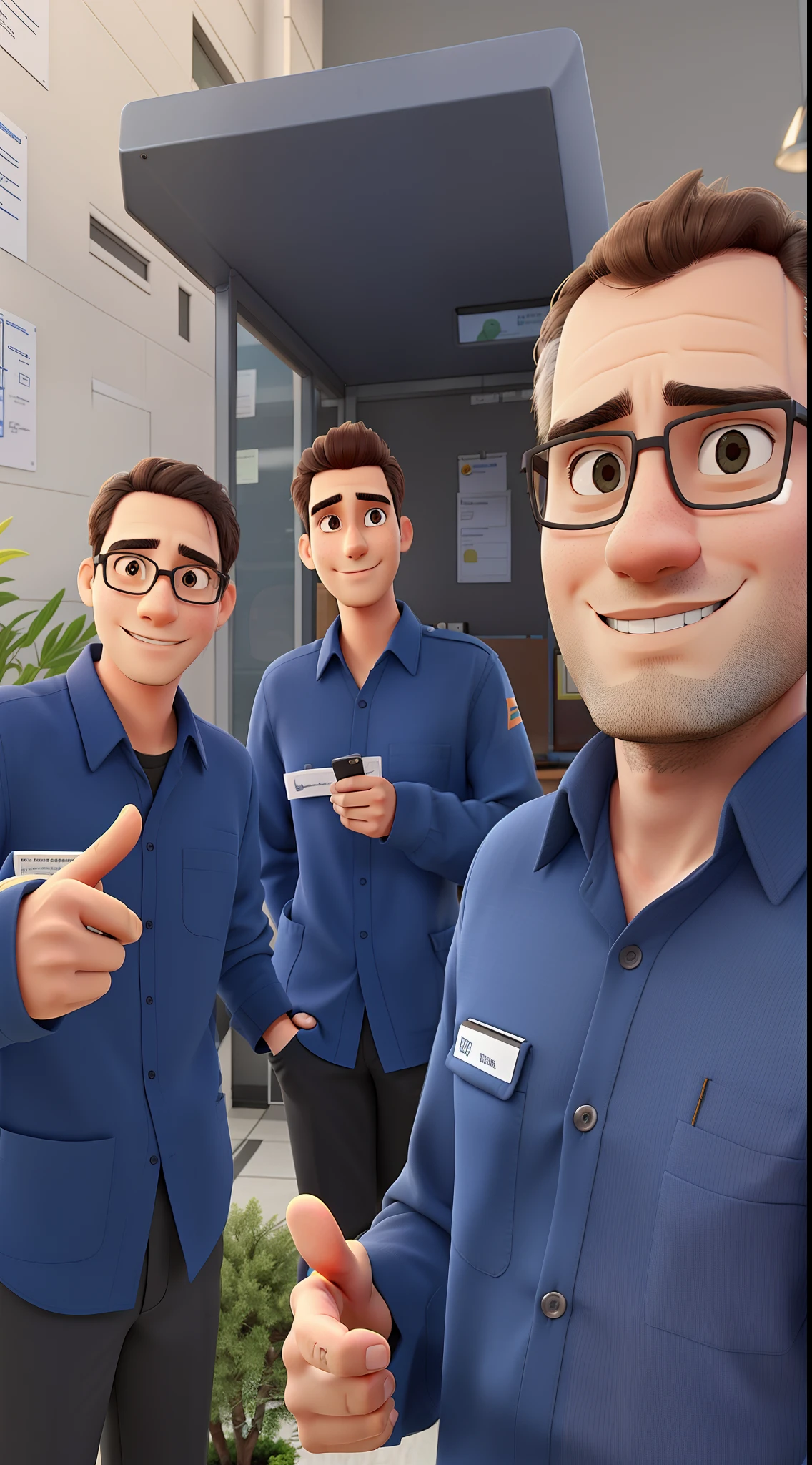 Three engineers outside the office in company shirt