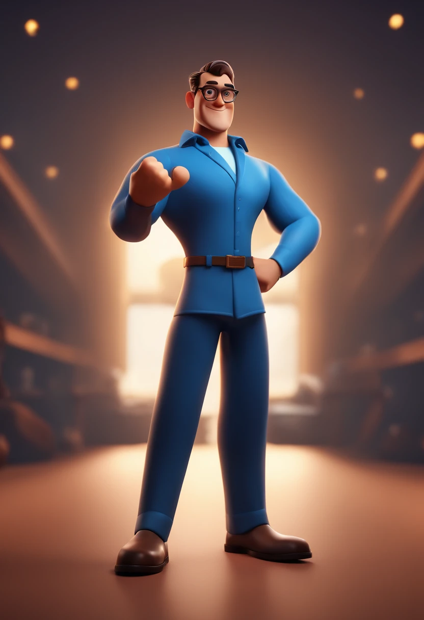 Cartoon character of a man with black glasses and a blue shirt, animation character, Caractere estilizado, animation style rendering, 3D estilizado, Arnold Maya render, 3 d render stylized, toon render keyshot, Personagem 3D, Personagem 3D, 3d rendering stylized, 3 d character render, personagem de desenho animado, Personagem de close up, Pose de personagem,  (Estilo Pixar) (master part:1.2) (Bokeh) (best quality) (pele detalhada) (textura detalhada) (8k) (argila) (Cinematic lighting) (foco nítido