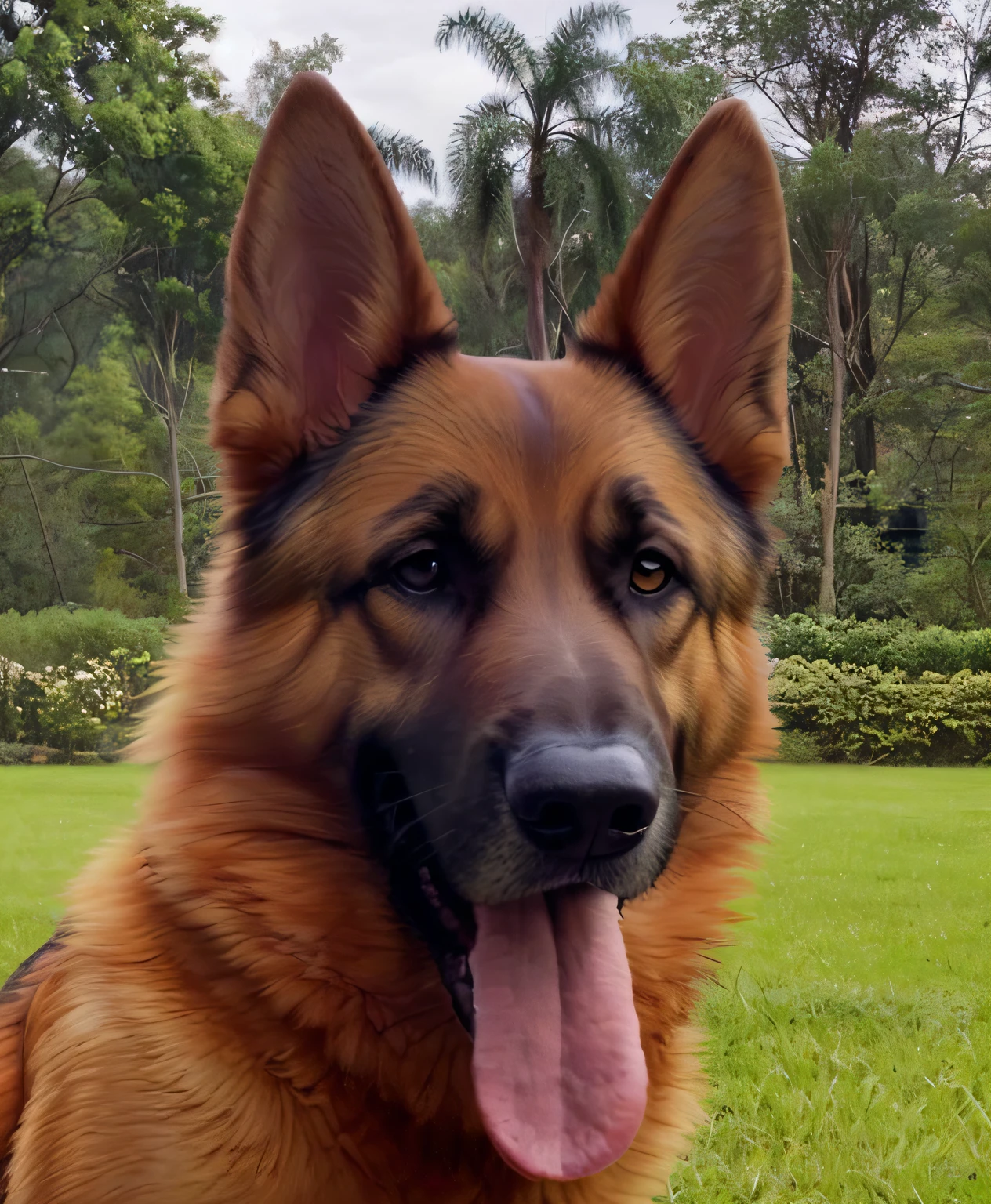 German Shepherd dog, com a lingua para fora, com fundo de parque, Proxim image, arte da pixar, alta resolução