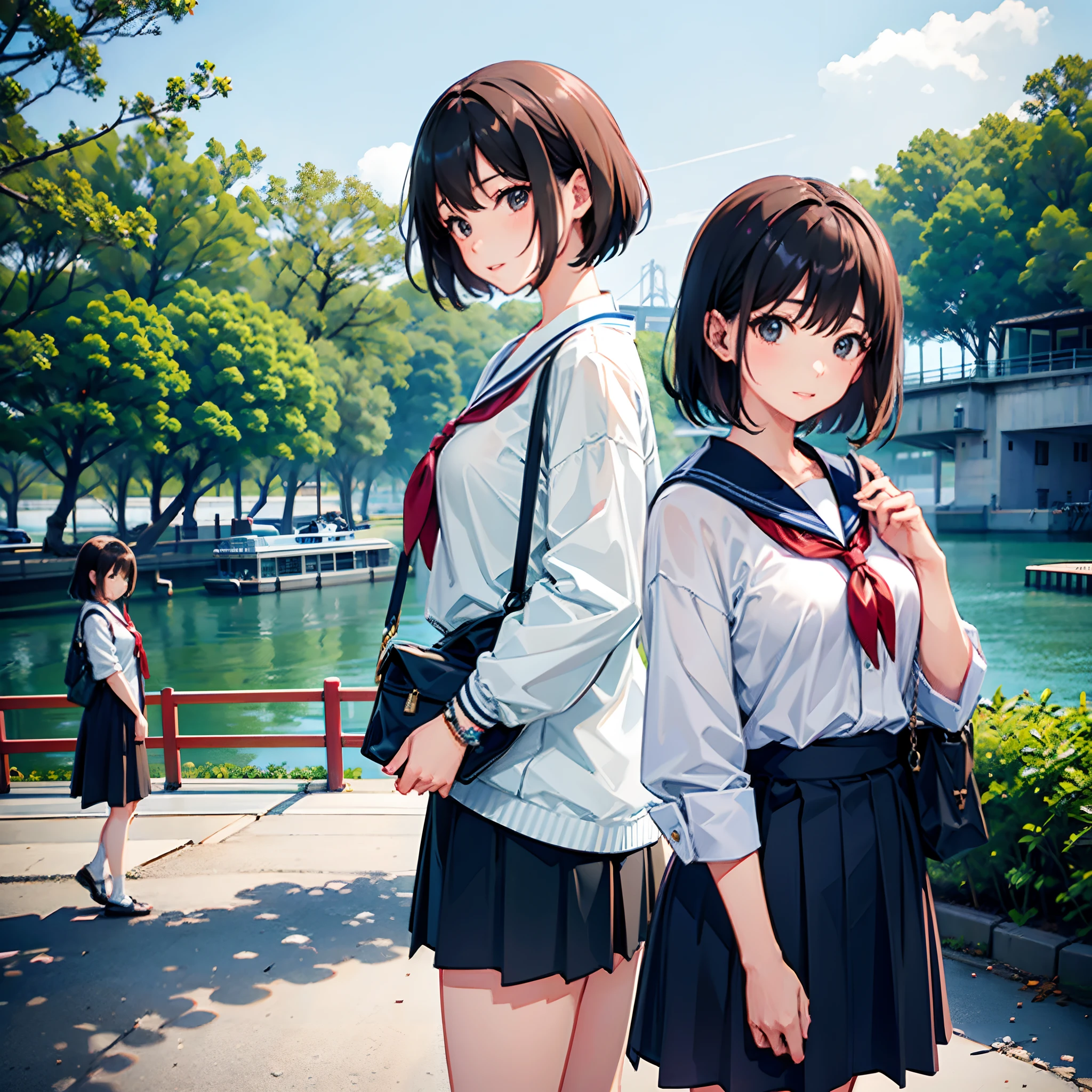 Two Japan women taking photos in a park on the Sumida River in Japan、She was a 27-year-old woman with loose, fluffy short hair and lobbed hair、One is a 31-year-old woman with small breasts and a dark brown lob、The two are having fun、small tits、Small、discreet breasts、street snap、Adult Women's Plain Clothes、a sailor suit、cardigan、Sheer feeling、Beautuful Women、
