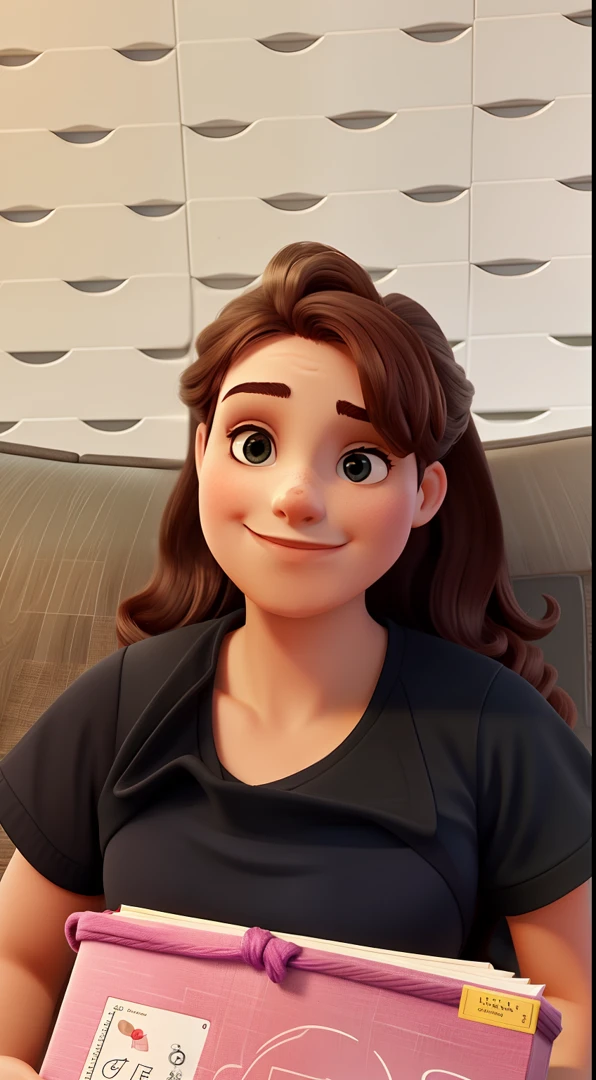 Uma bela jovem de cabelo longo cacheado, sentada lendo um livro na varanda