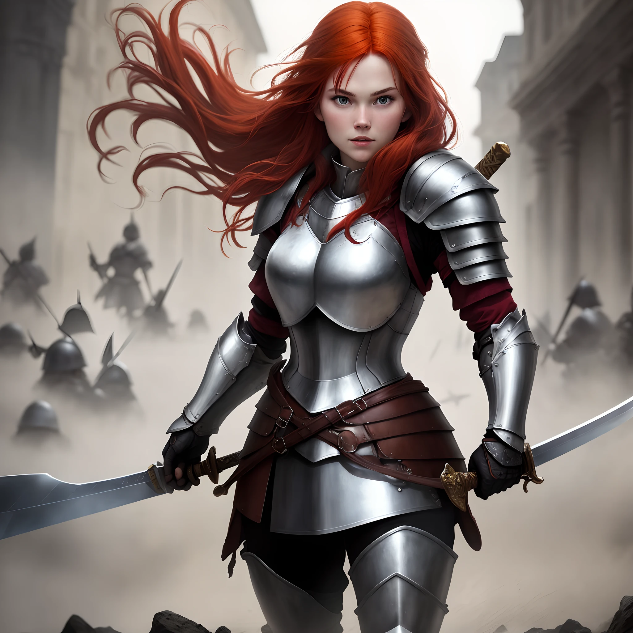 Red-haired Scandinavian warrior returning from battle with her armor shattered and sword in hand