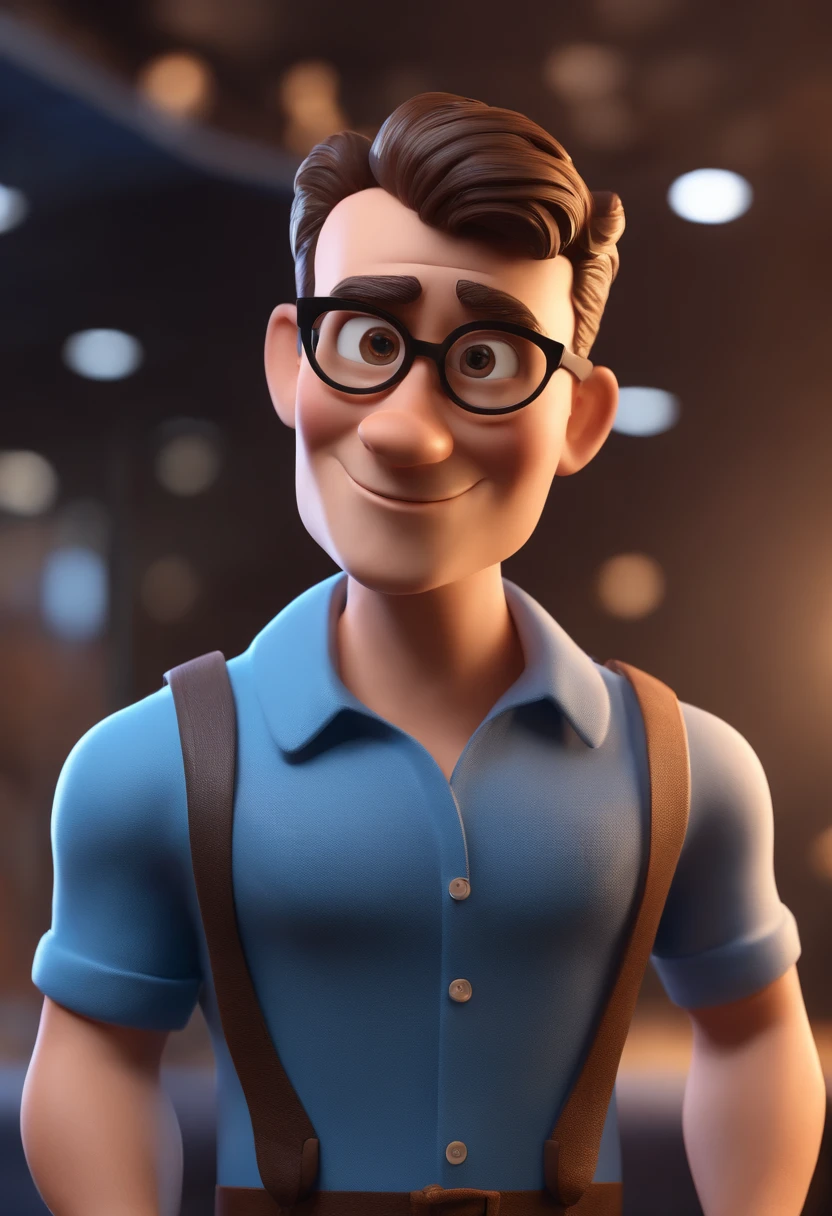 Cartoon character of a man with black glasses and a blue shirt, animation character, Caractere estilizado, animation style rendering, 3D estilizado, Arnold Maya render, 3 d render stylized, toon render keyshot, Personagem 3D, Personagem 3D, 3d rendering stylized, 3 d character render, personagem de desenho animado, Personagem de close up, Pose de personagem, (Estilo Pixar) (master part:1.2) (Bokeh) (best quality) (pele detalhada) (textura detalhada) (8k) (argila) (Cinematic lighting) (foco nítido