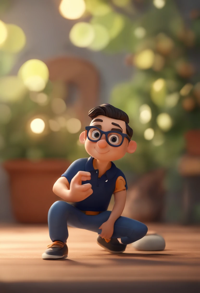 Cartoon character of a man wearing black glasses and a blue shirt, um personagem animado, Caractere estilizado, animation style rendering, 3D estilizado, Arnold Maya render, 3 d render stylized, toon render keyshot, Personagem 3D, Personagem 3D, 3d rendering stylized, 3 d character render, personagem de desenho animado, Personagem de close up, Pose de personagem, (Estilo Pixar) (master part:1.2) (Bokeh) (best quality) (pele detalhada) (textura detalhada) (8k) (argila) (Cinematic lighting) (foco nítido，Senta e vaza a parte superior do corpo