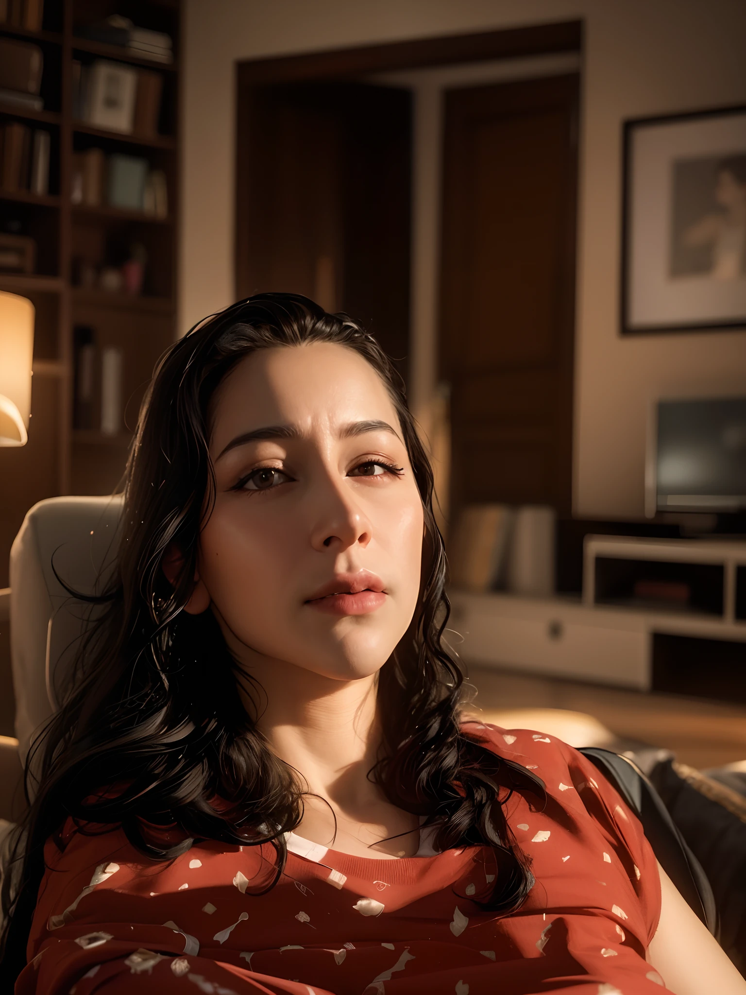 Woman with long black hair sitting on a sofa with a remote control, imagem de perfil, 3 5 year brazilian mother, Foto realista, Mulher de 30 anos de Cuba, Directed by: Nandor Soldier, Mulher de 30 anos, 3 0 anos de idade mulher, 3 0 anos mulher, cerca de 3 5 anos, imagem frontal