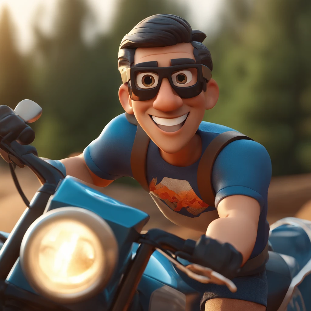 Cartoon character of a man with black glasses with very little hair and beard has a motocross helmet on his arm and a blue shirt, animation character, Caractere estilizado, animation style rendering, 3D estilizado, Arnold Maya render, 3 d render stylized, toon render keyshot, Personagem 3D, Personagem 3D, 3d rendering stylized, 3 d character render, personagem de desenho animado, Personagem de close up, Pose de personagem,  (Estilo Pixar) (master part:1.2) (Bokeh) (best quality) (pele detalhada) (textura detalhada) (8k) (argila) (Cinematic lighting) (foco nítido. He's on top of a motocross speeding on dirt and with a lot of beautiful women watching me go by.