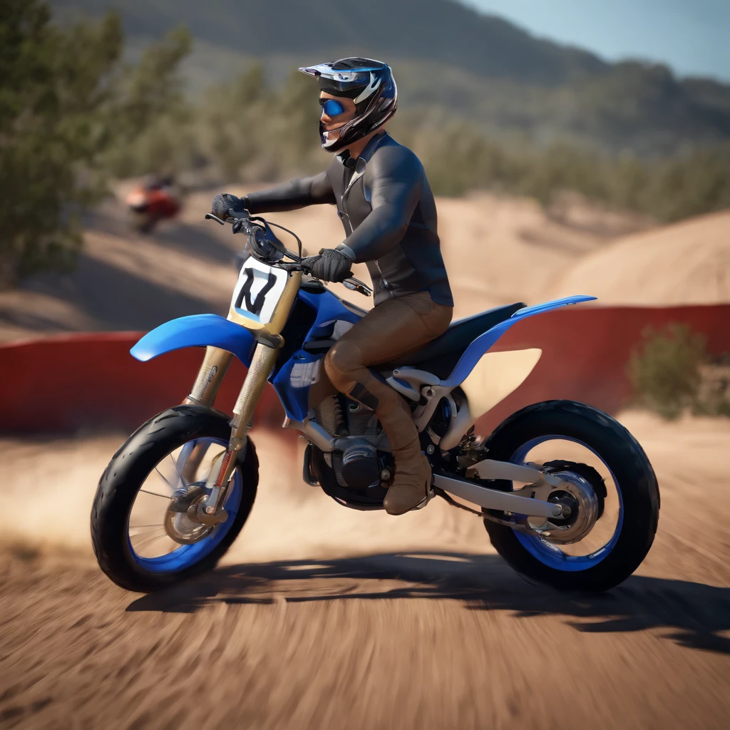 Cartoon character of a man with black glasses with very little hair and beard has a motocross helmet on his arm and a blue shirt, animation character, Caractere estilizado, animation style rendering, 3D estilizado, Arnold Maya render, 3 d render stylized, toon render keyshot, Personagem 3D, Personagem 3D, 3d rendering stylized, 3 d character render, personagem de desenho animado, Personagem de close up, Pose de personagem, (Estilo Pixar) (master part:1.2) (Bokeh) (best quality) (pele detalhada) (textura detalhada) (8k) (argila) (Cinematic lighting) (foco nítido. He's on top of a motocross speeding on dirt and with a lot of beautiful women watching me go by.