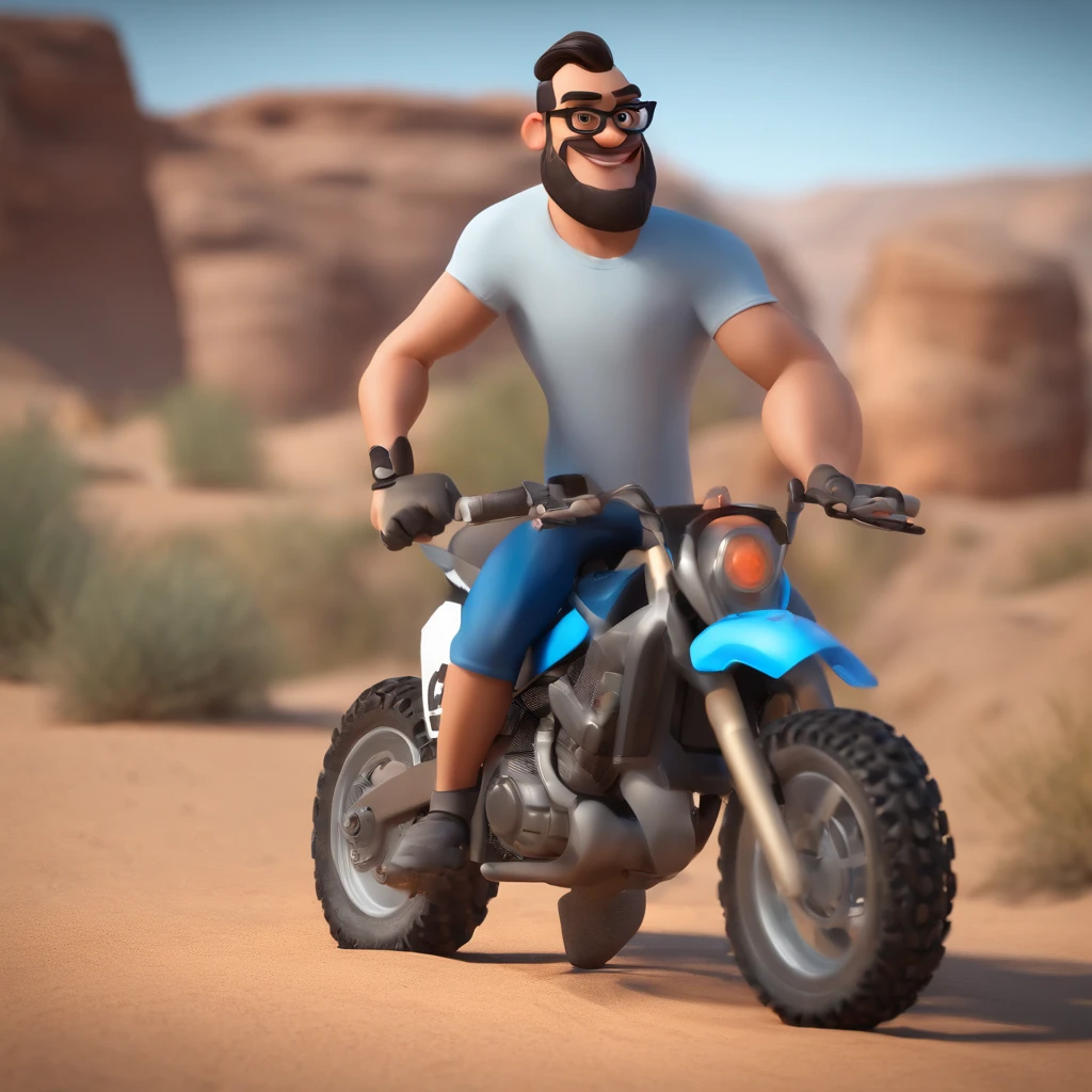 Cartoon character of a man with black glasses with very little hair and beard has a motocross helmet on his arm and a blue shirt, animation character, Caractere estilizado, animation style rendering, 3D estilizado, Arnold Maya render, 3 d render stylized, toon render keyshot, Personagem 3D, Personagem 3D, 3d rendering stylized, 3 d character render, personagem de desenho animado, Personagem de close up, Pose de personagem, (Estilo Pixar) (master part:1.2) (Bokeh) (best quality) (pele detalhada) (textura detalhada) (8k) (argila) (Cinematic lighting) (foco nítido. He's on top of a motocross speeding on dirt and with a lot of beautiful women watching me go by.