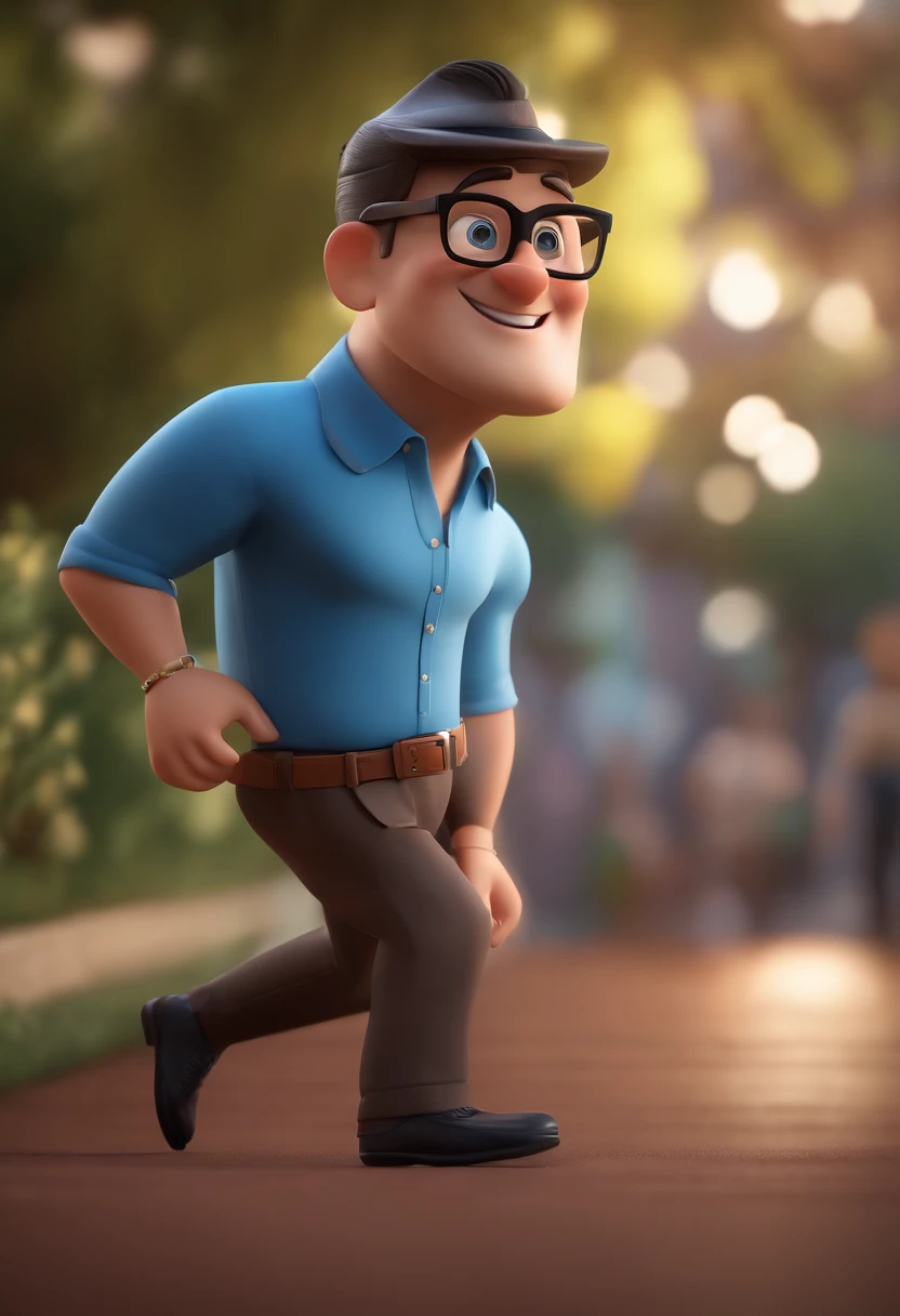 Cartoon character of a man wearing black glasses and a blue shirt, um personagem animado, Caractere estilizado, animation style rendering, 3D estilizado, Arnold Maya render, 3 d render stylized, toon render keyshot, Personagem 3D, Personagem 3D, 3d rendering stylized, 3 d character render, personagem de desenho animado, Personagem de close up, Pose de personagem, (Estilo Pixar) (master part:1.2) (Bokeh) (best quality) (pele detalhada) (textura detalhada) (8k) (argila) (Cinematic lighting) (foco nítido，Senta e vaza a parte superior do corpo