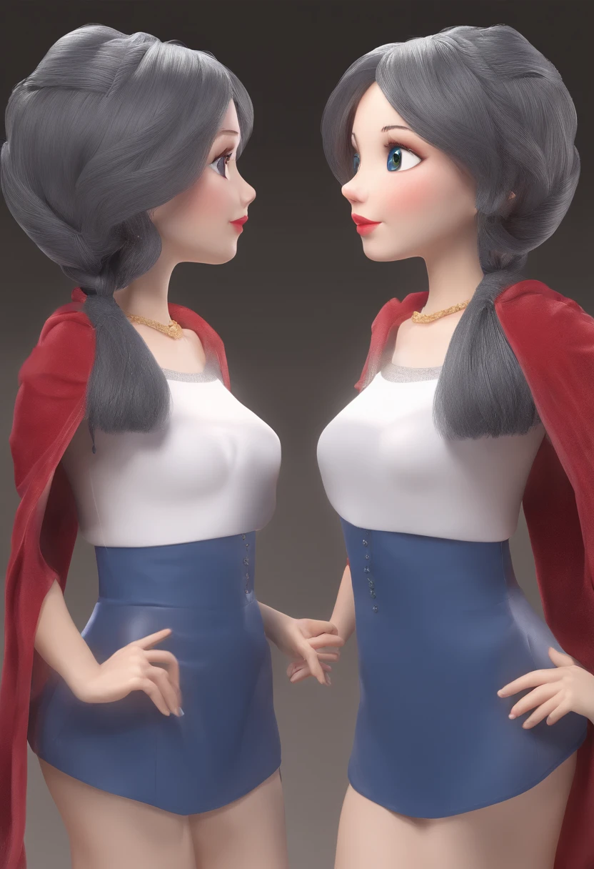Cabelo curto e preto, branca, olhos escuros, semelhante branca de neve