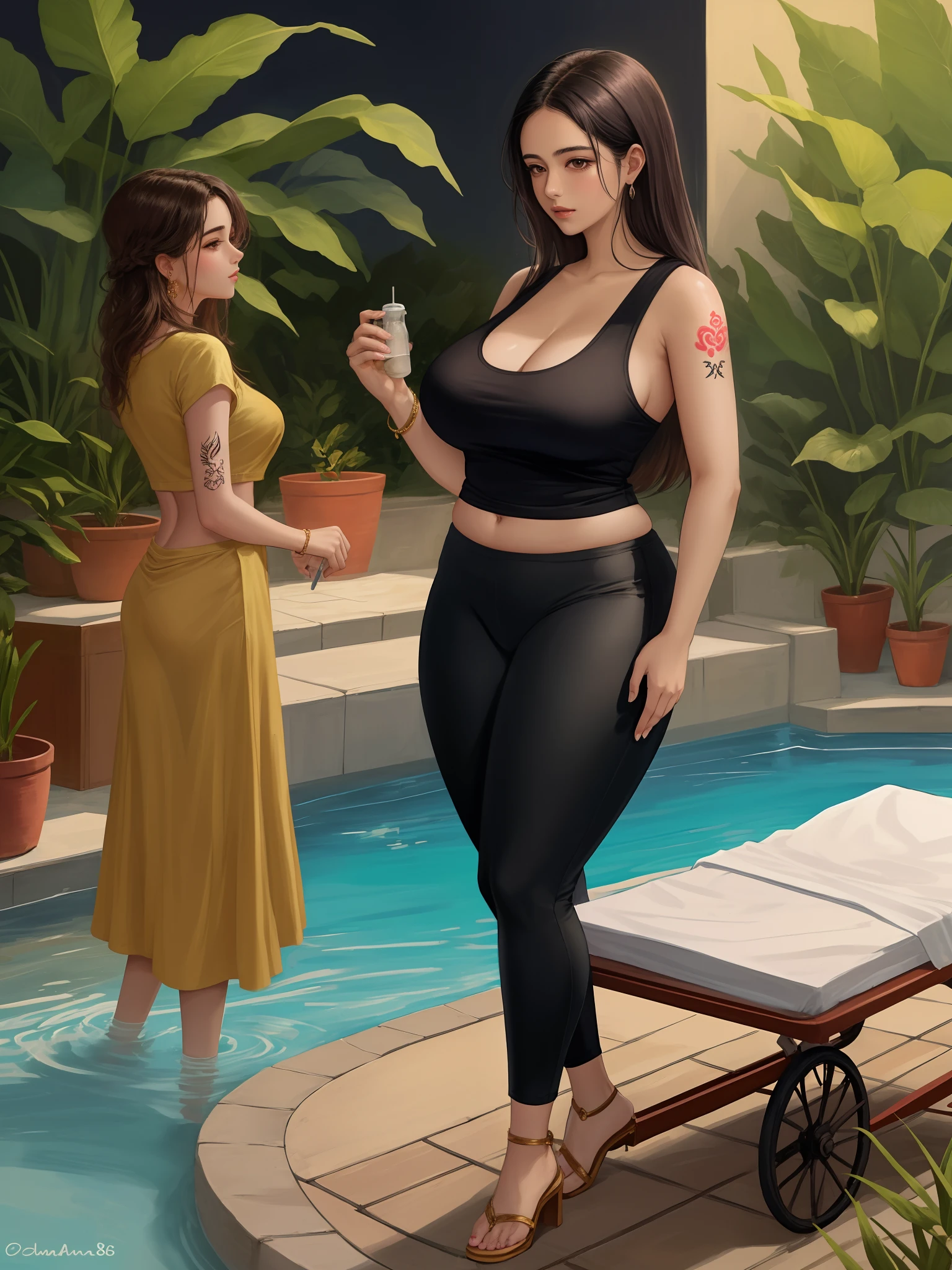 Uma personagem Disney pixar jovem do sexo feminino de 26 anos, pele morena, nariz um pouquinho largo, boca carnuda, rosto oval, cabelos ondulados, longos e castanhos escuros, pesando 80 quilos, com 1,60m de altura, with a curvaceous body with his hips much larger than the bust, seios pequenos, with a tattoo on the forearm of the Indian god Ganesha, wearing a black tank top with a sensual yet sophisticated neckline and black pants, working at a SPA where she gives massage and stands next to a stretcher, corpo midsize.