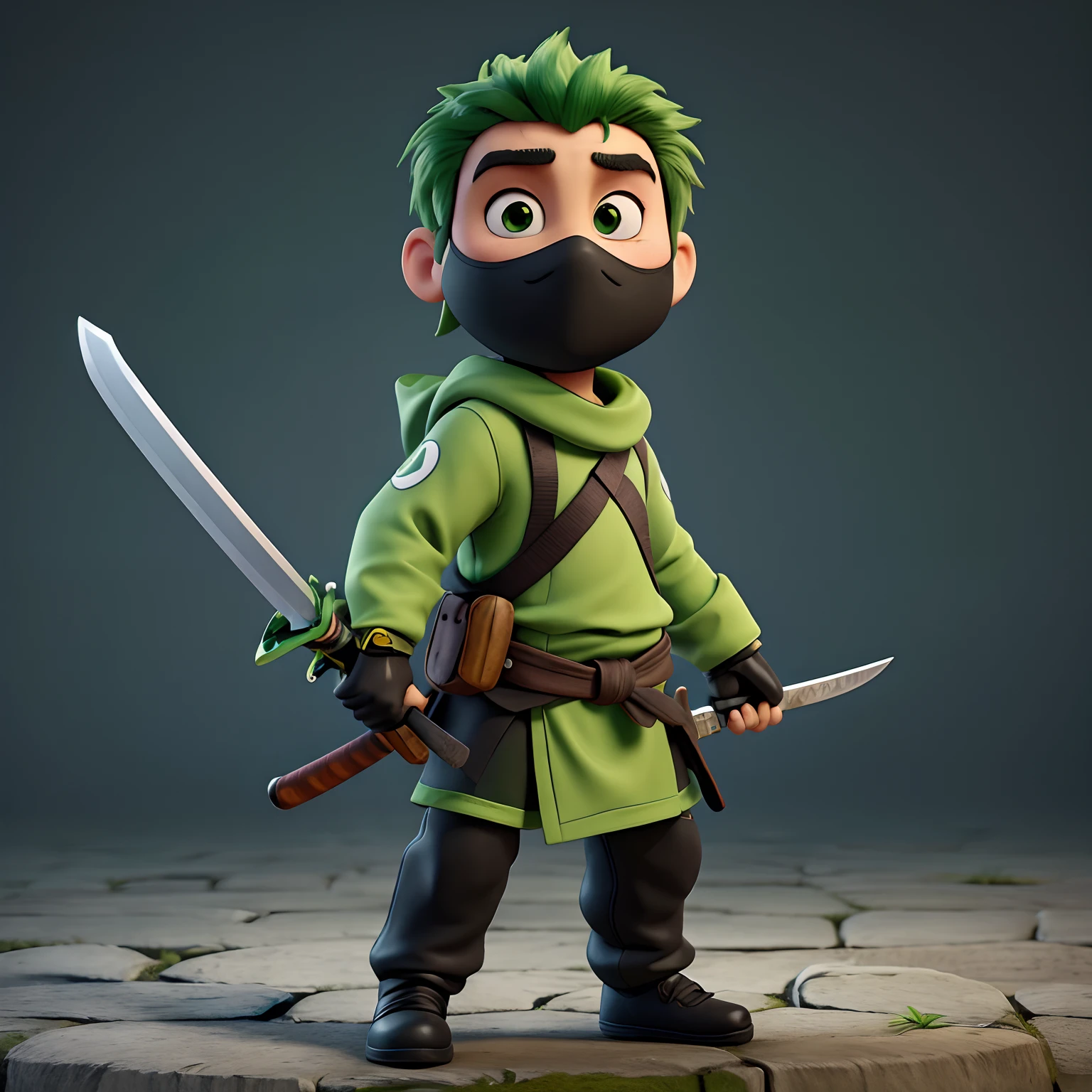 Ninja de uniforme verde, holding a sword in each hand