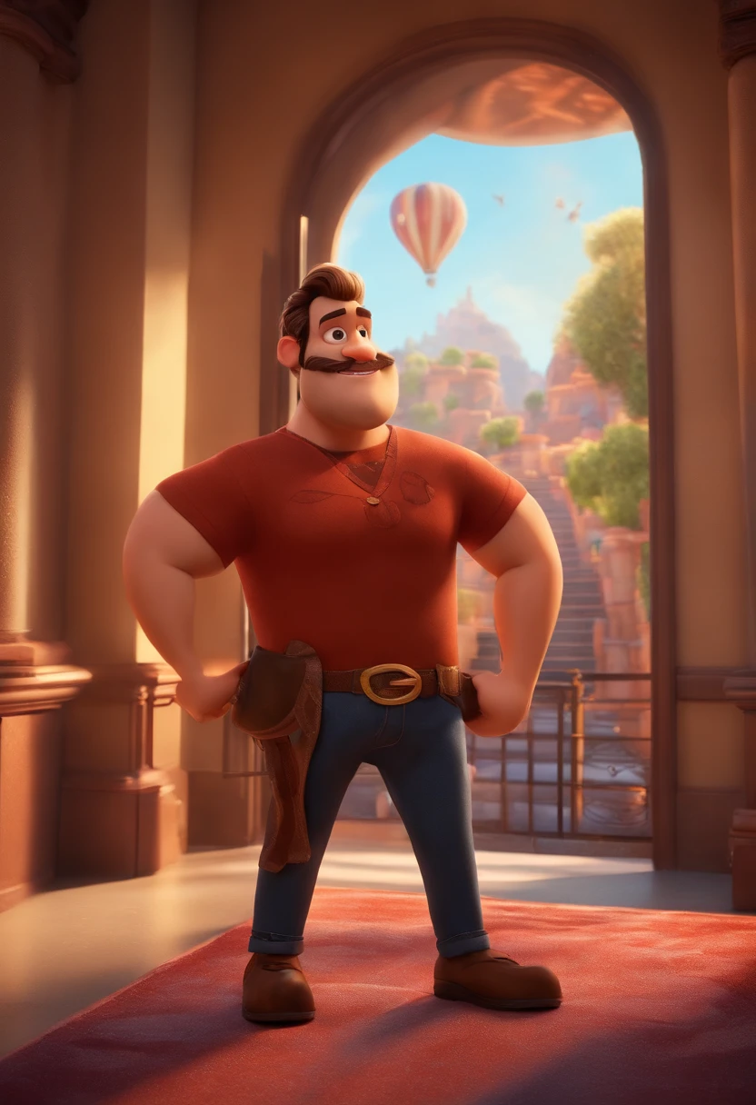 um homem, em breve, barba curta, olhos castanhos, em um elevador in the background, Imagem no estilo Pixar, Estilo de filme animado 3D, Disney, camiseta preta