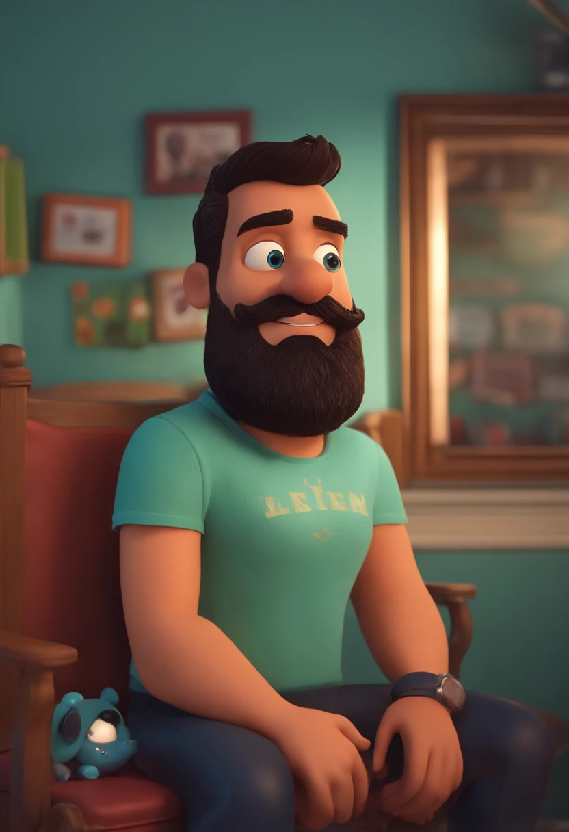 um homem, em breve, barba curta, olhos castanhos, em um elevador in the background, Imagem no estilo Pixar, Estilo de filme animado 3D, Disney, camiseta preta