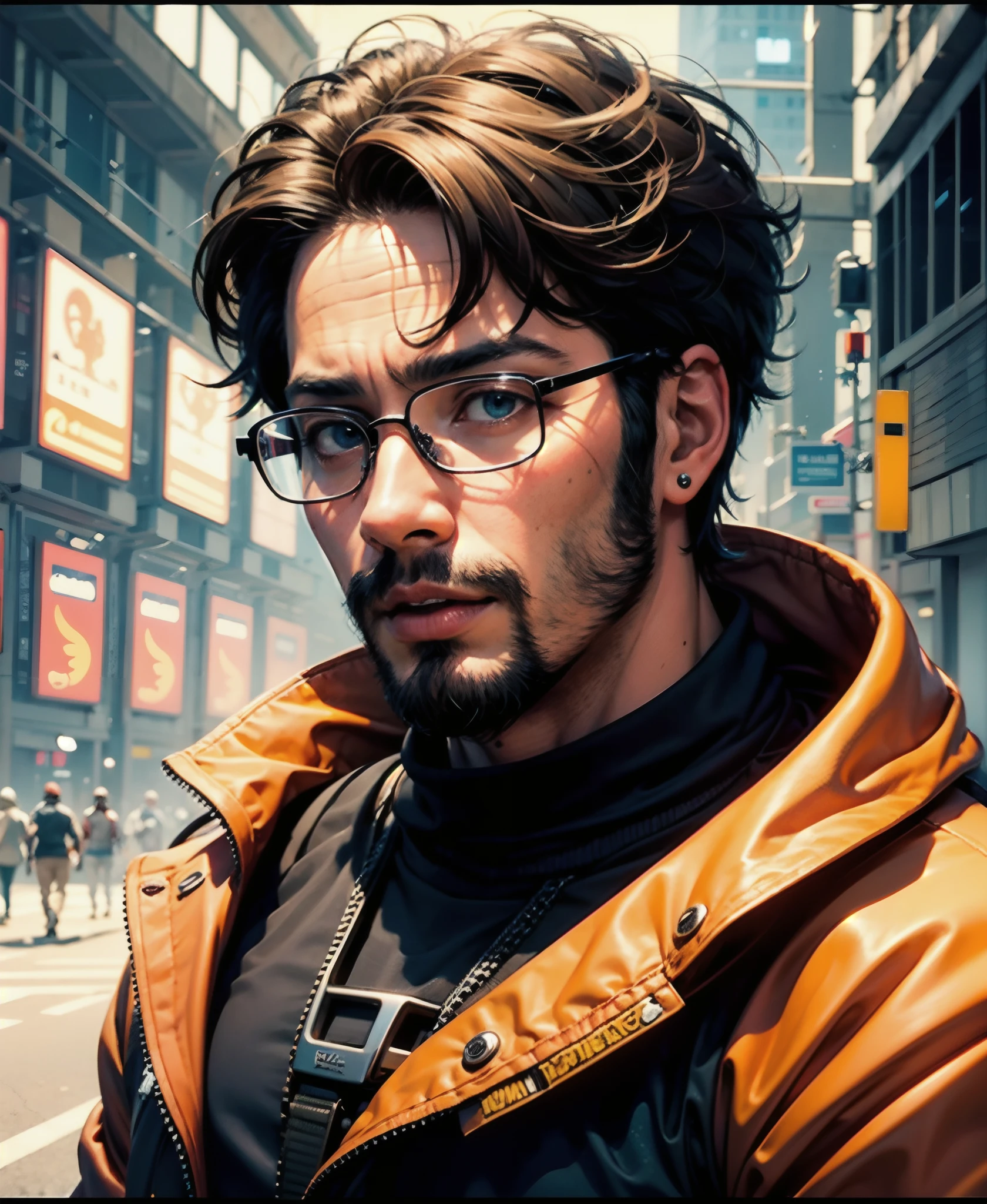 A man with a goatee and glasses, cabelo curto, thick lips,alto, por volta de 40 anos, roupa preta e amarela, commercial a video game