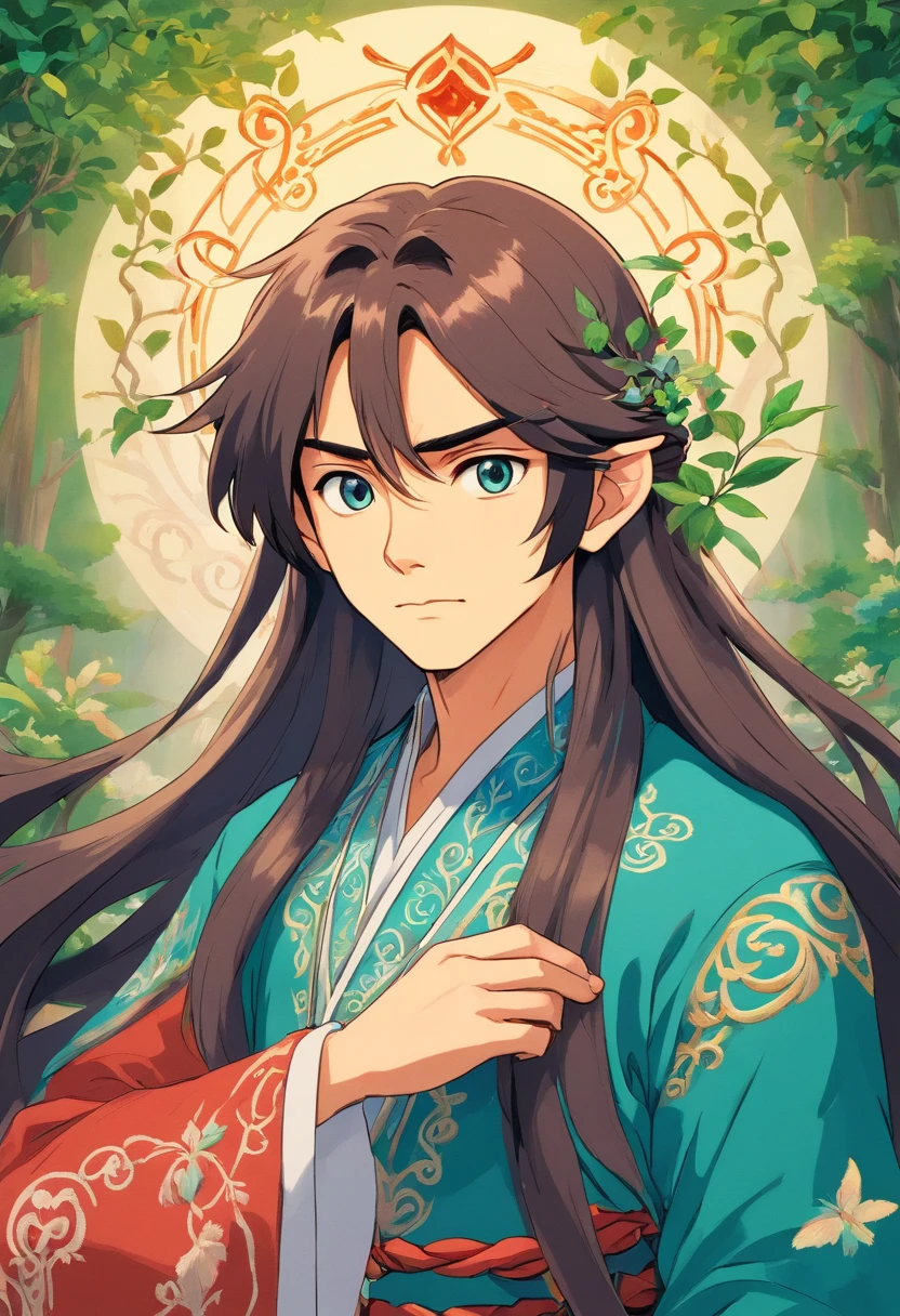 A handsome elvish god with fancy embroidered clothes and long hair